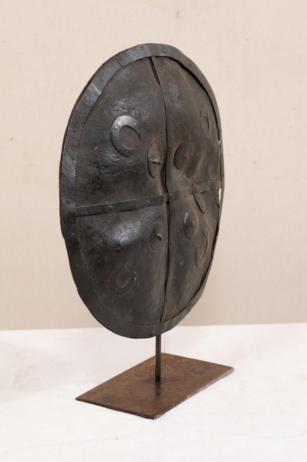 20th Century Vintage Ethiopian Leather Shield on Custom Iron Stand For Sale