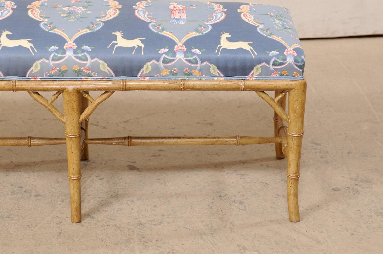 Vintage Faux-Bamboo Carved Wood Bench with Upholstered Seat 5