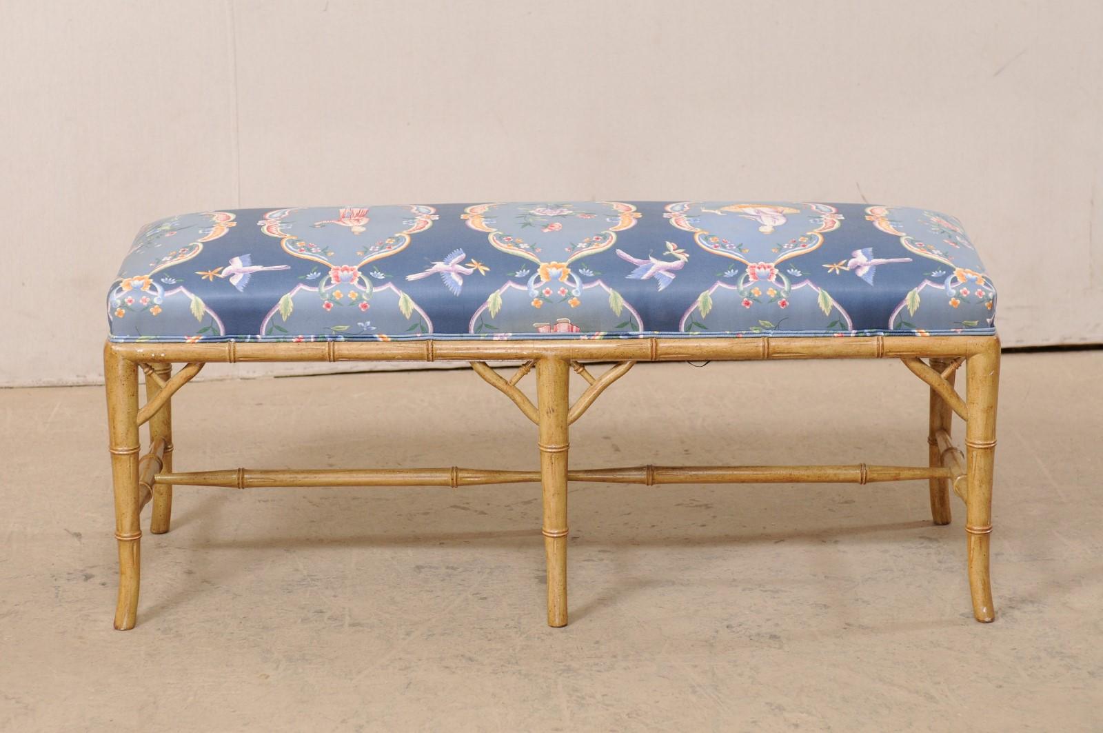 Upholstery Vintage Faux-Bamboo Carved Wood Bench with Upholstered Seat