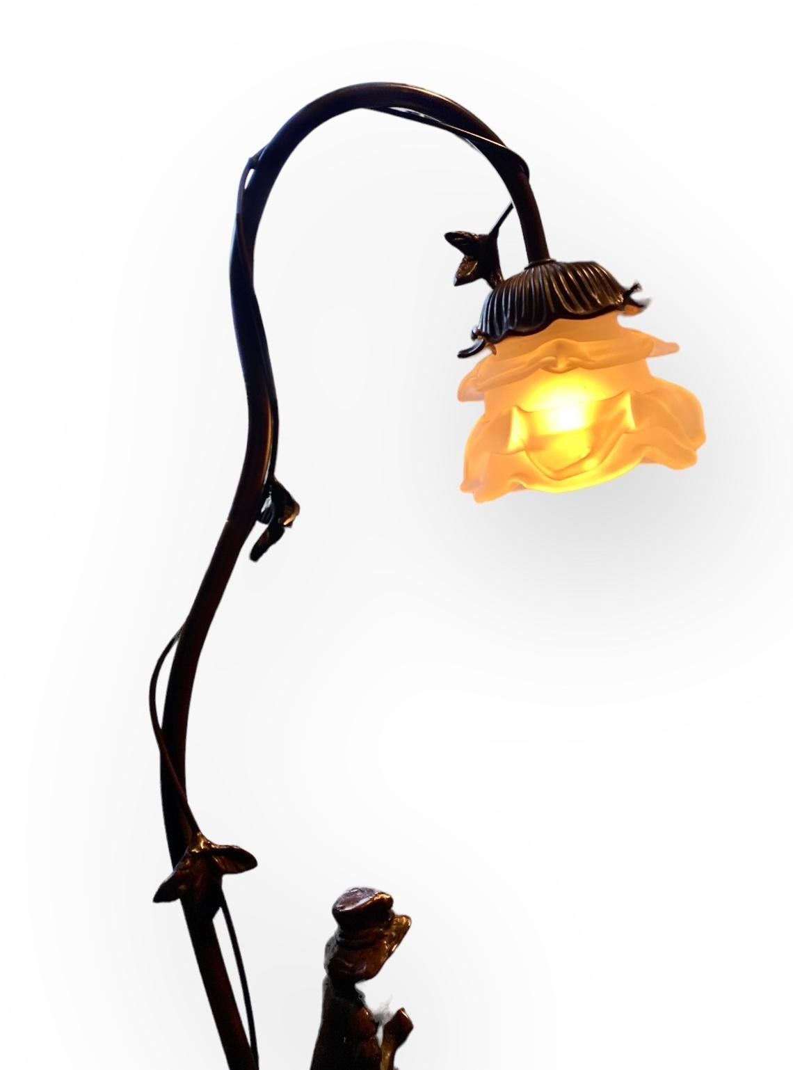 Glass A Vintage Figural Lamp Depicting A Country Girl With Birds Frosted Flower Shade For Sale