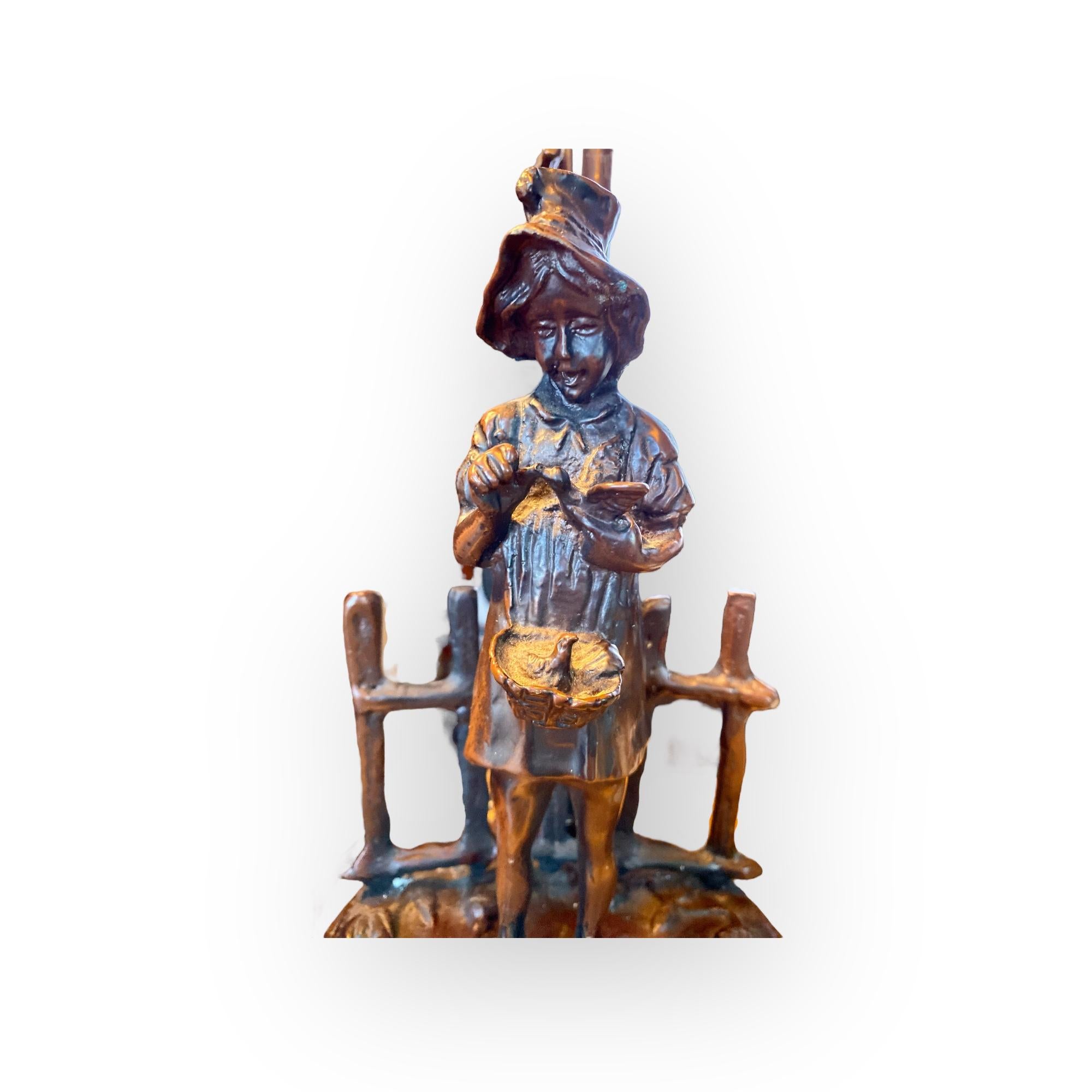 A Vintage Figural Lamp Depicting A Country Girl With Birds Frosted Flower Shade For Sale 2