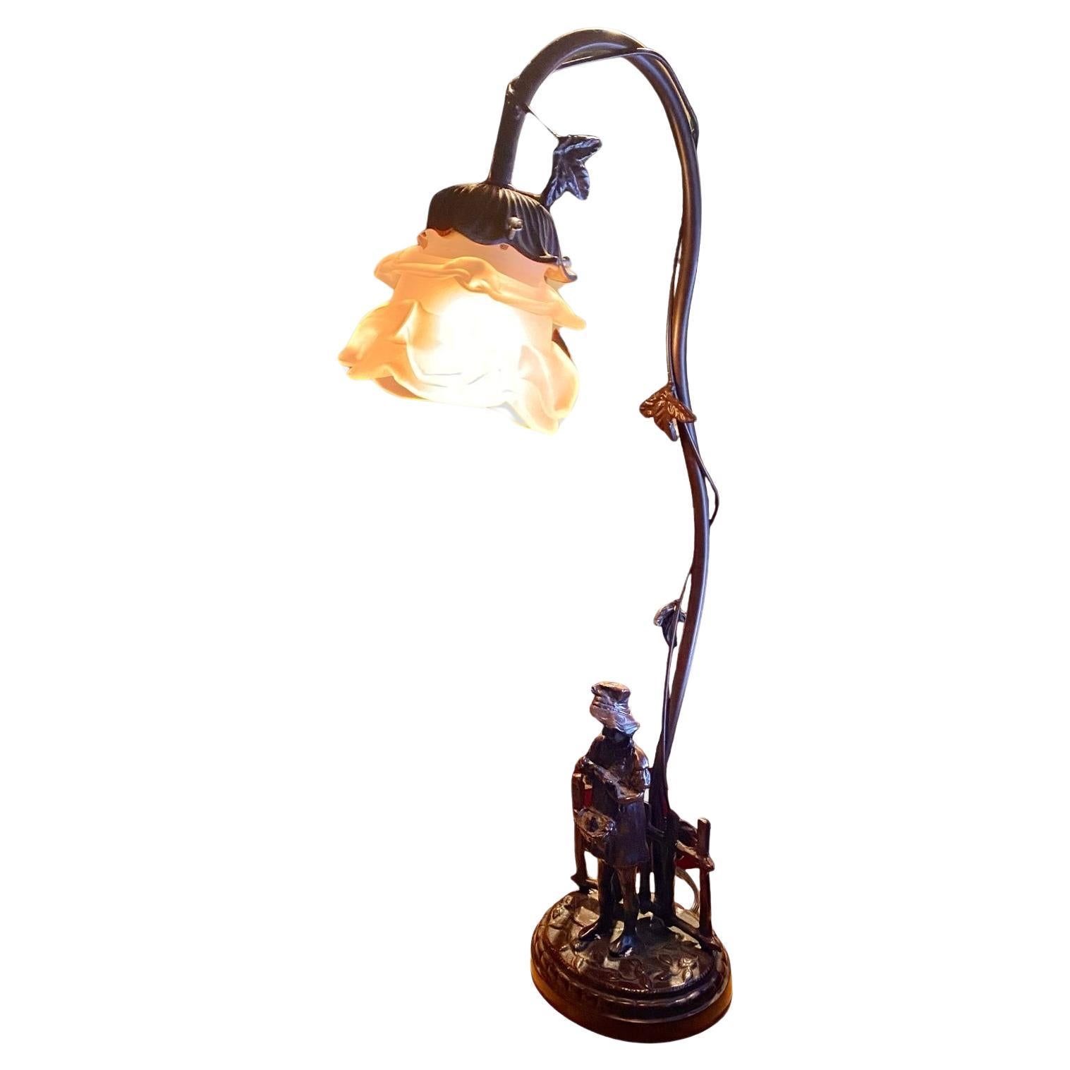 A Vintage Figural Lamp Depicting A Country Girl With Birds Frosted Flower Shade For Sale