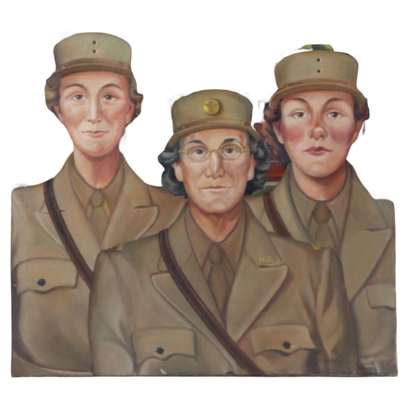 Peinture encadrée de femmes de l'armée WAC, datant de 1950. Huile sur toile, non signée.