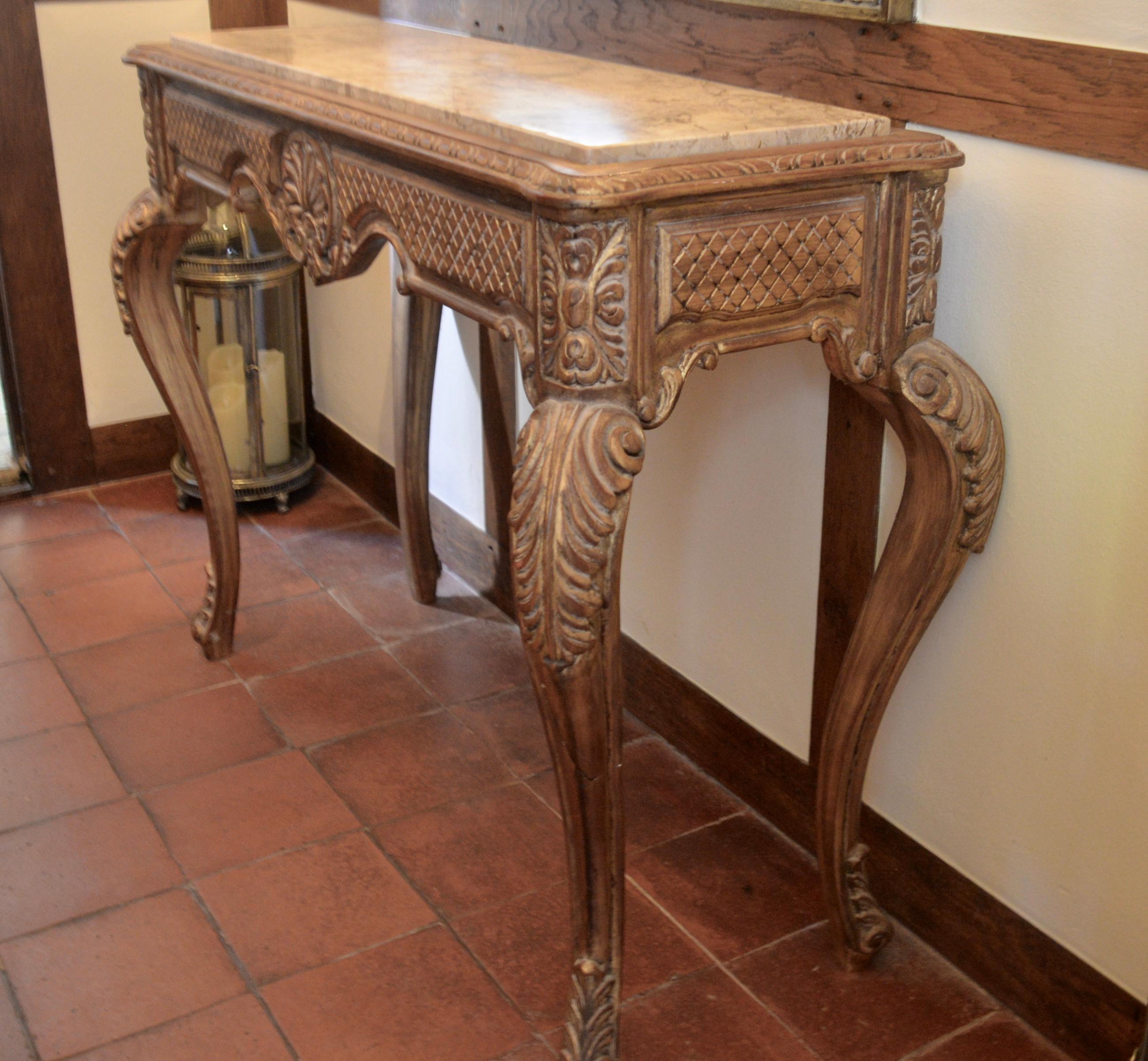 French Provincial Vintage French Gold Gilt and Marble Console Table