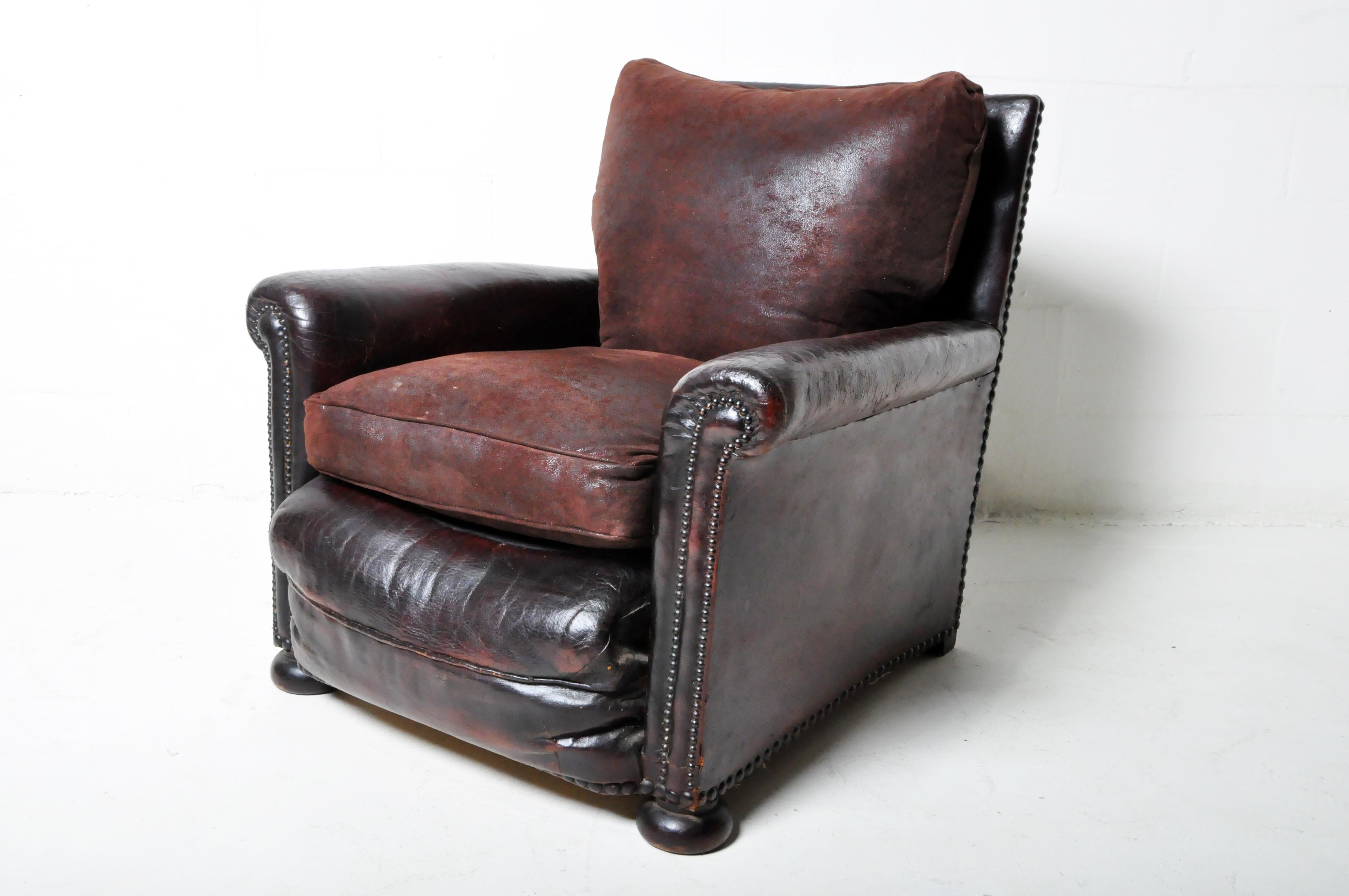 A Vintage French Leather Club Chair With  New Fabric Cushions In Good Condition In Chicago, IL