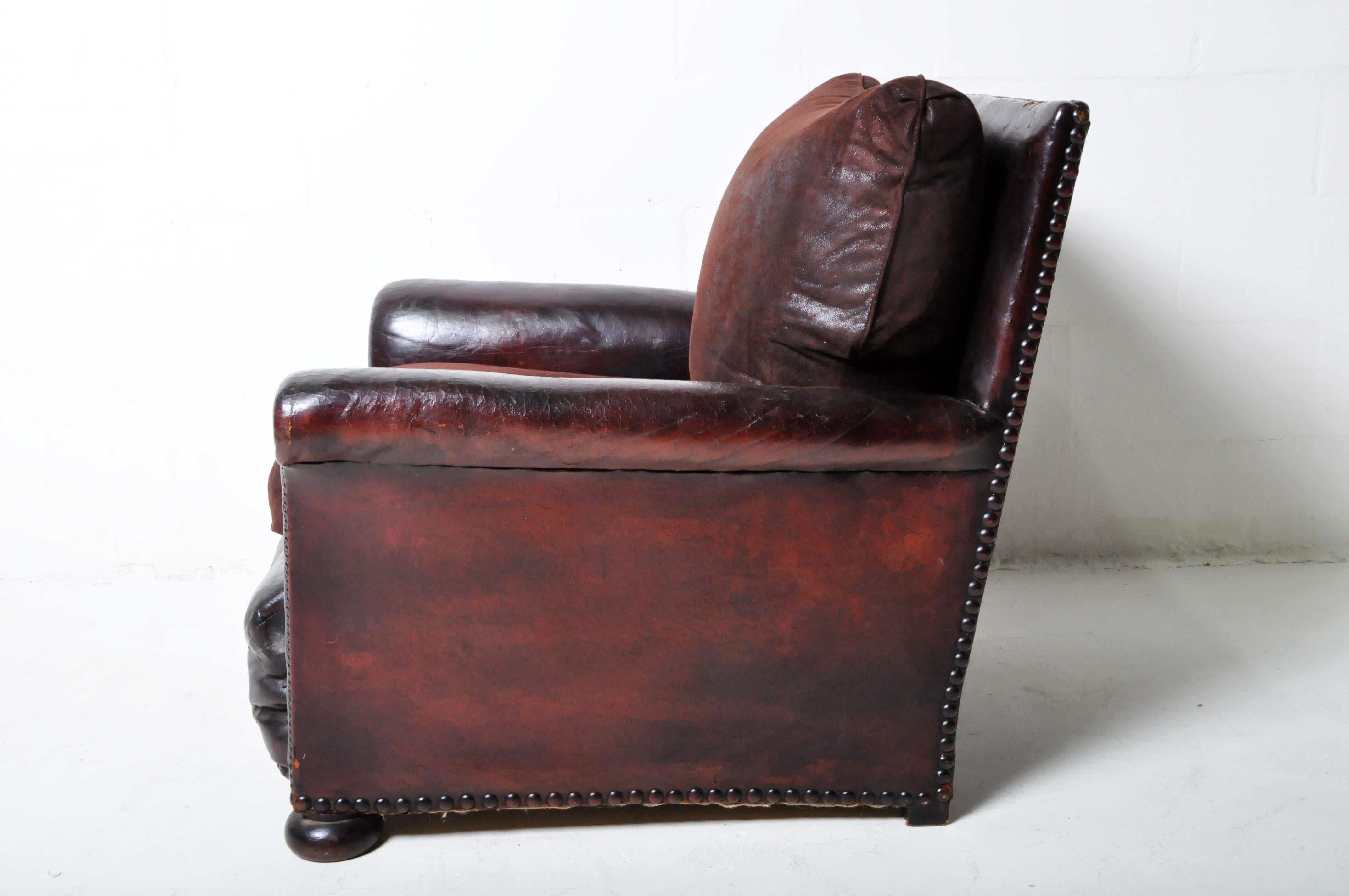 20th Century A Vintage French Leather Club Chair With  New Fabric Cushions