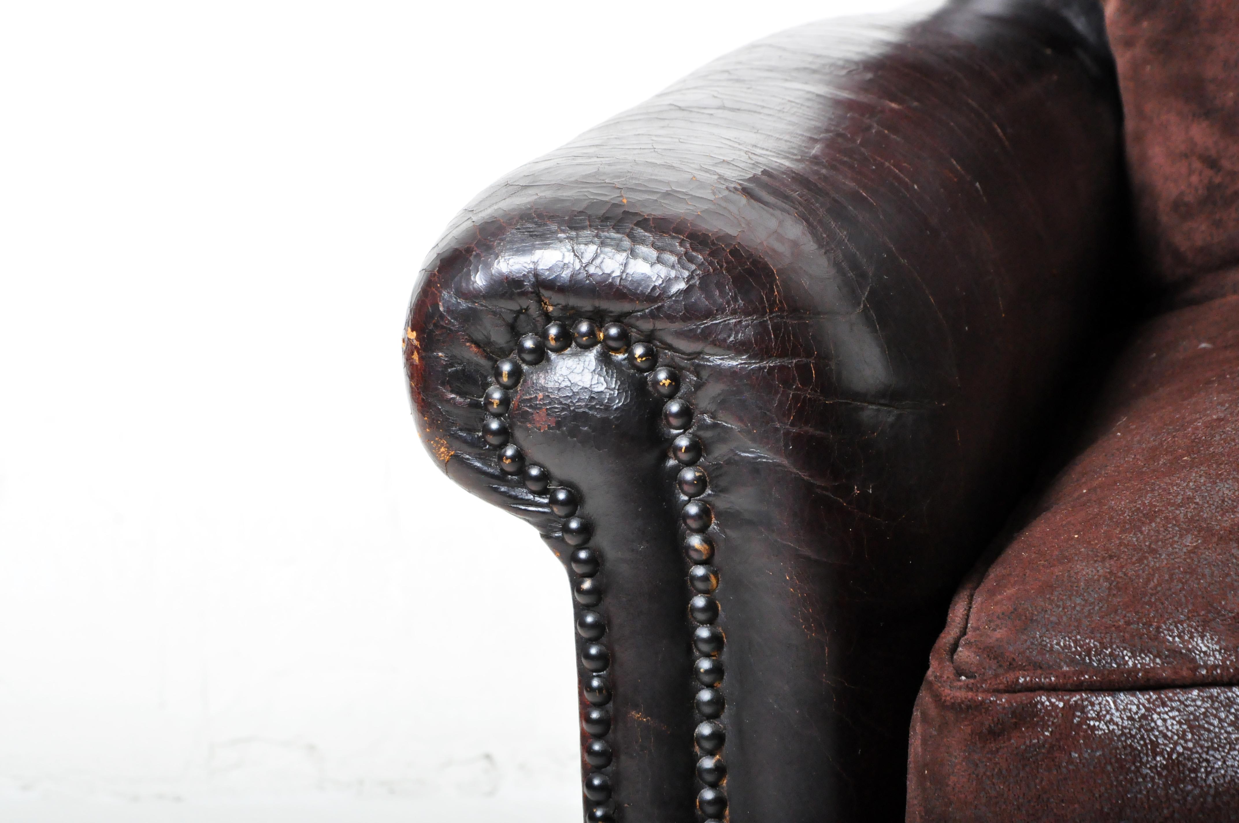 A Vintage French Leather Club Chair With  New Fabric Cushions 2