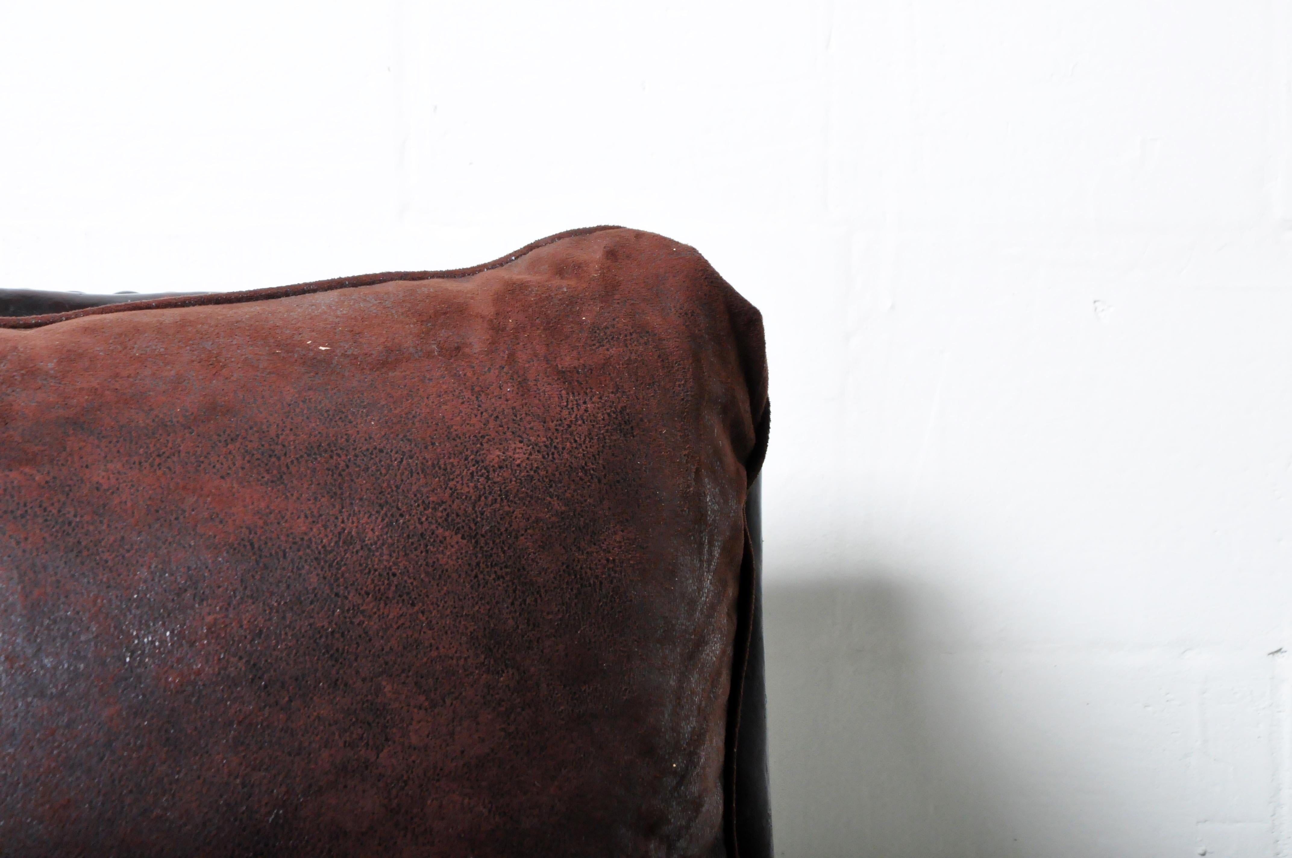 A Vintage French Leather Club Chair With  New Fabric Cushions 3