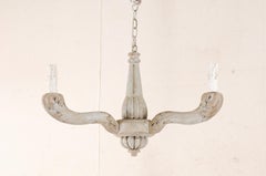 Vintage French Painted and Carved Wood Three-Arm Light Chandelier
