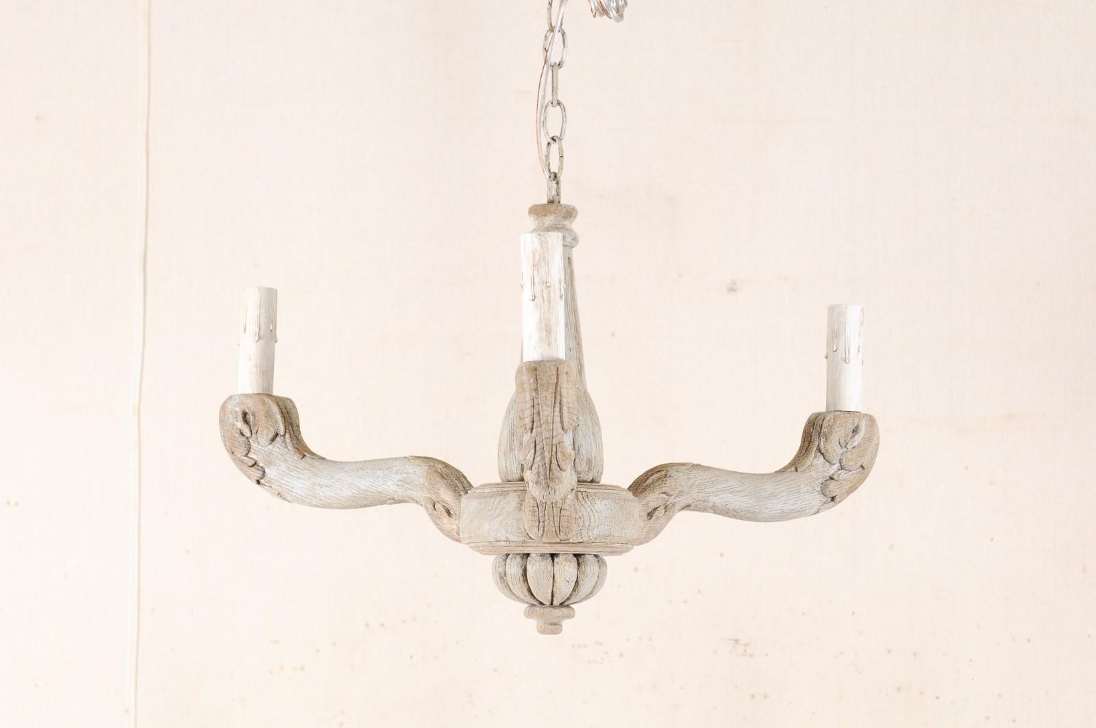 Vintage French Painted and Carved Wood Three-Arm Light Chandelier In Good Condition In Atlanta, GA