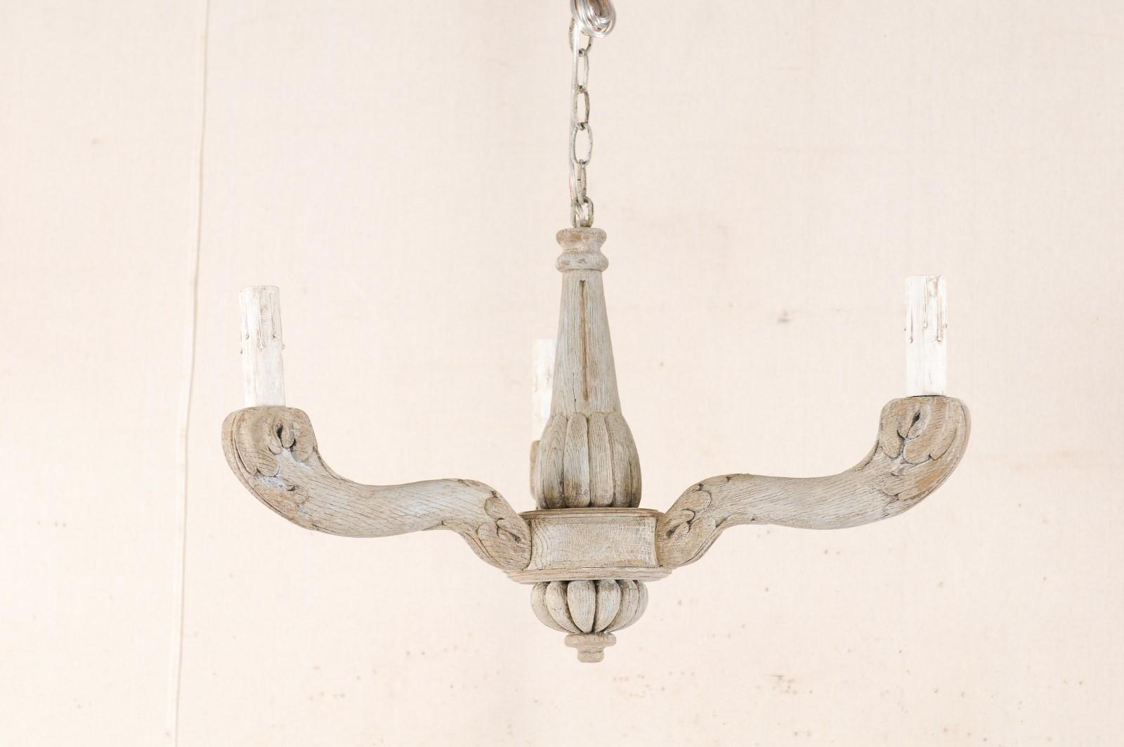 20th Century Vintage French Painted and Carved Wood Three-Arm Light Chandelier