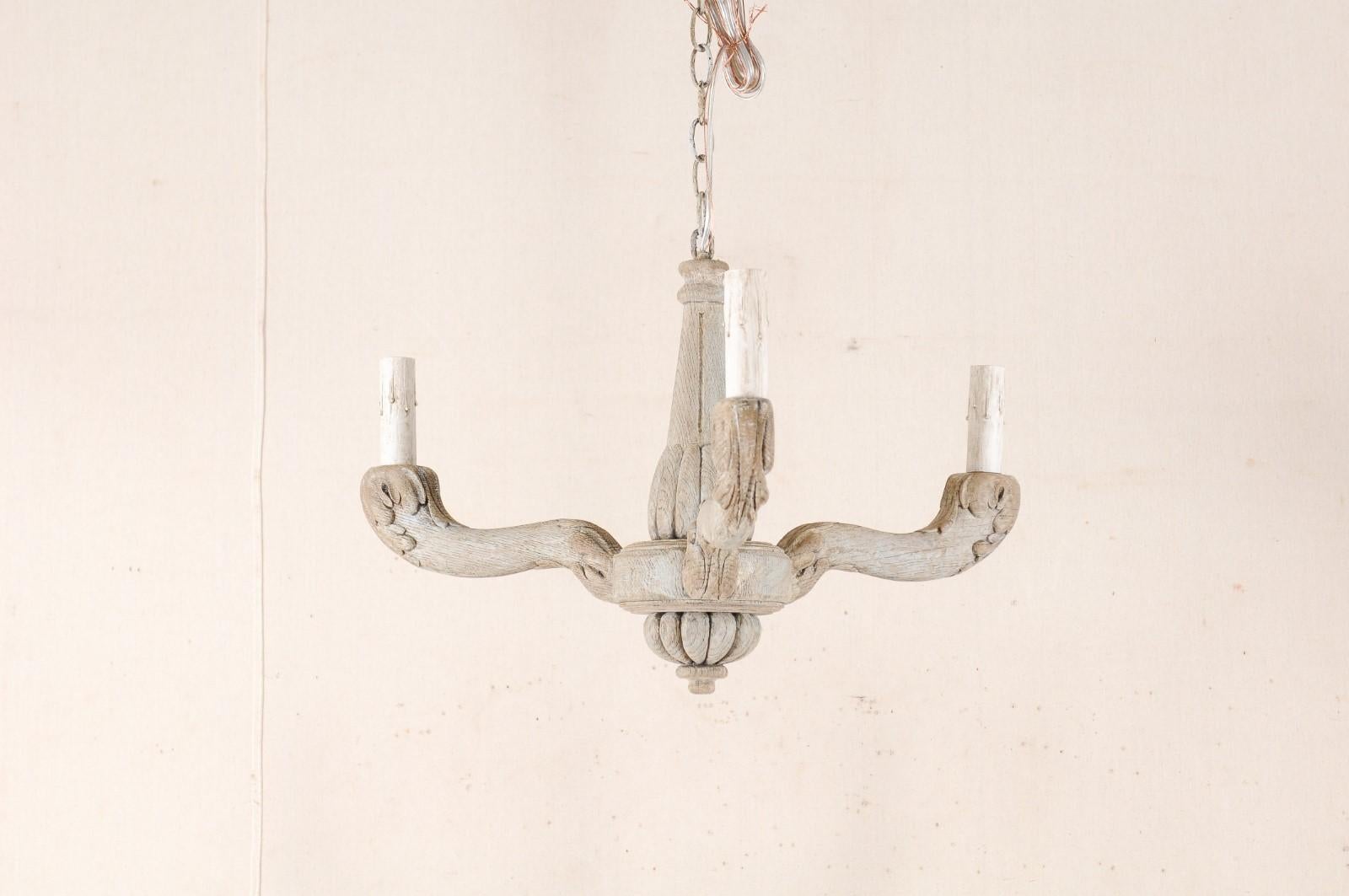 Vintage French Painted and Carved Wood Three-Arm Light Chandelier 4