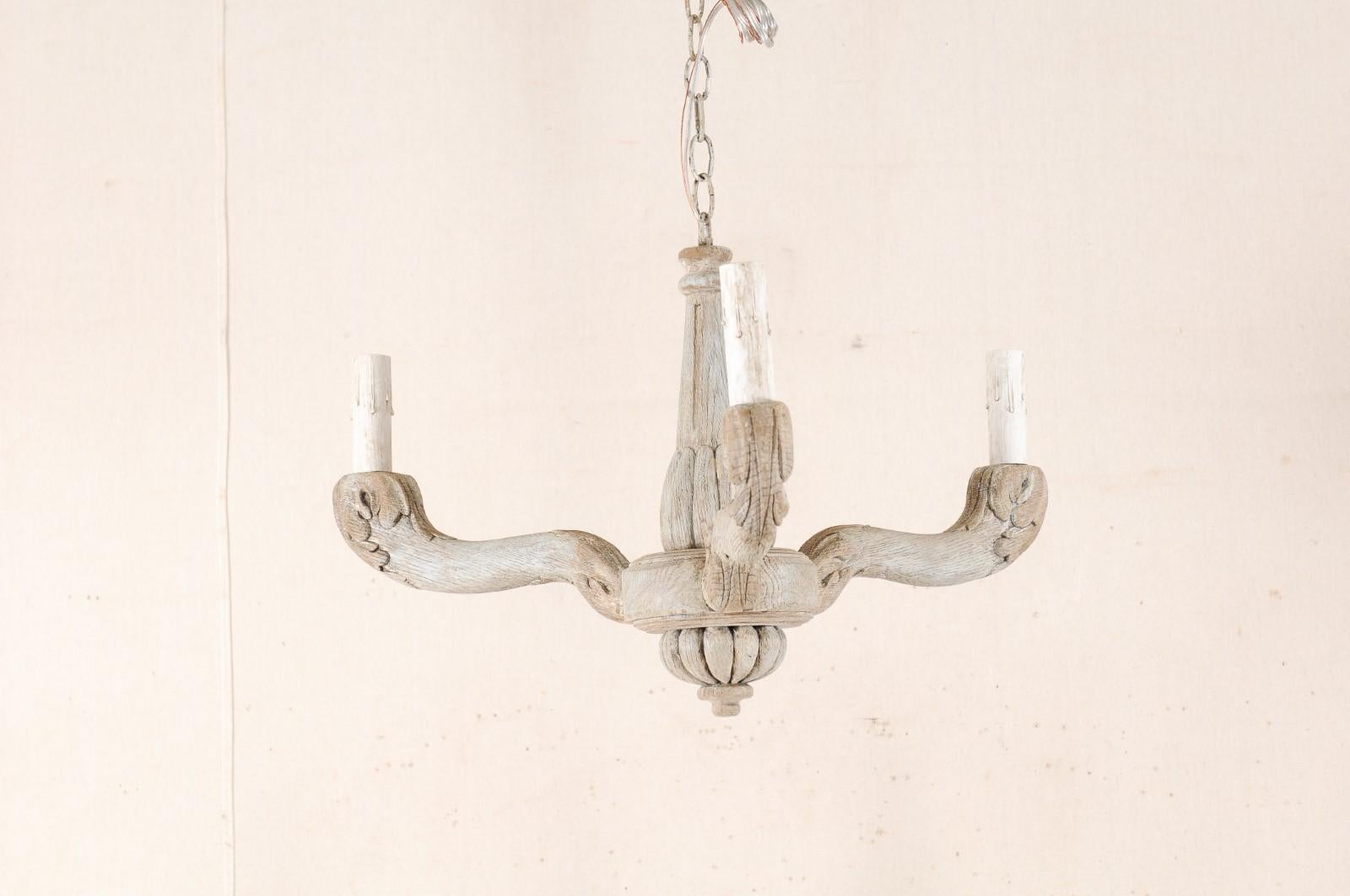 Vintage French Painted and Carved Wood Three-Arm Light Chandelier 5