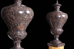 Vintage Grand Pair of Marble Urns on Column Plinths in the Neoclassical Style