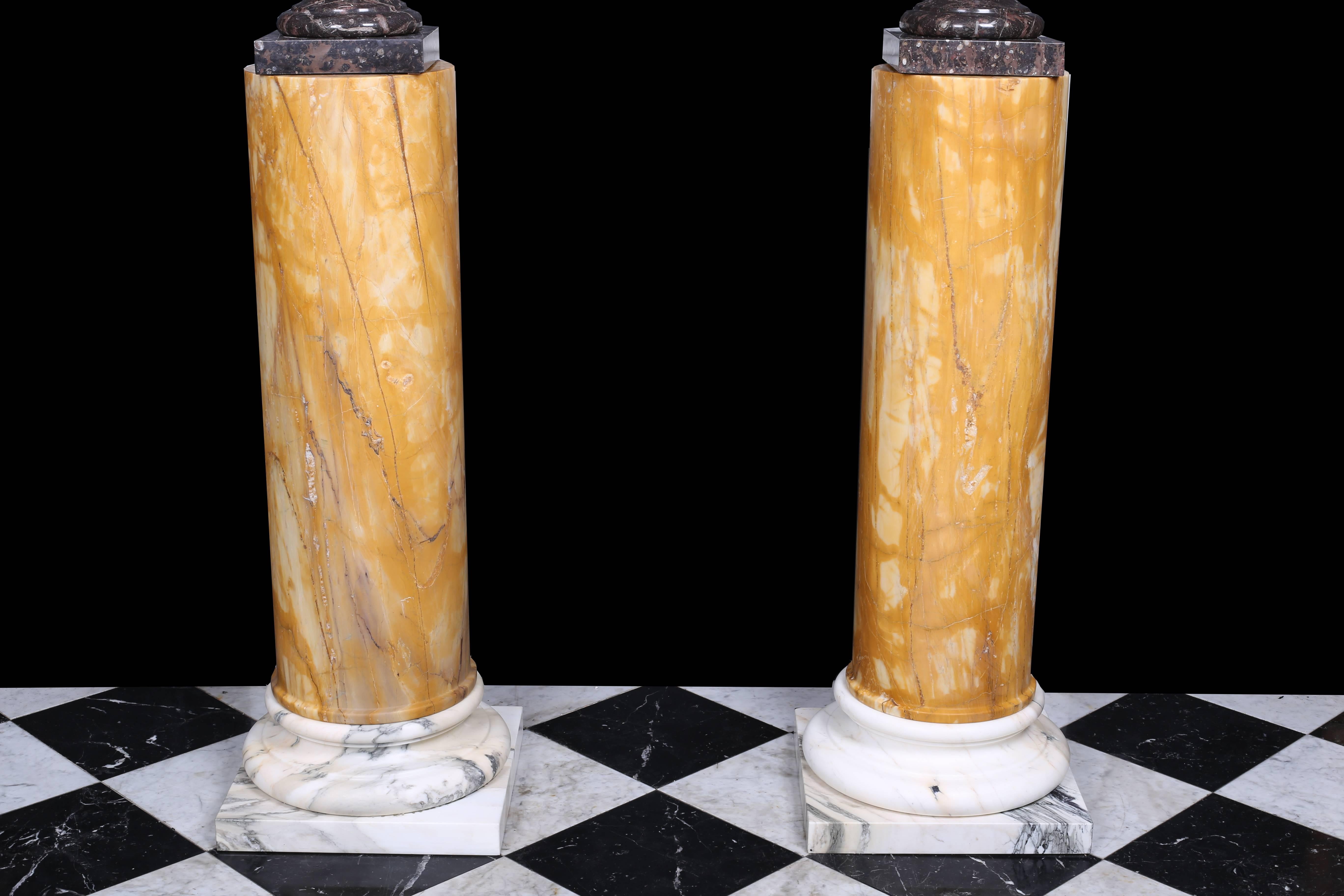 Neoclassical Revival Vintage Grand Pair of Marble Urns on Column Plinths in the Neoclassical Style For Sale