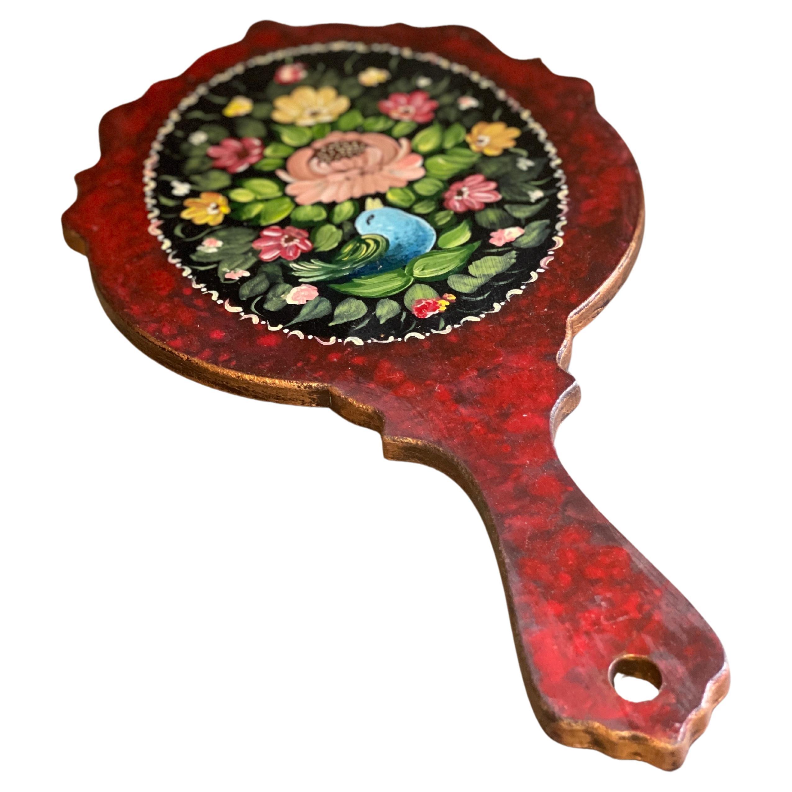 A vintage Handheld Mirror in a Wooden Frame, Mack-up Floral Painted Mirror For Sale