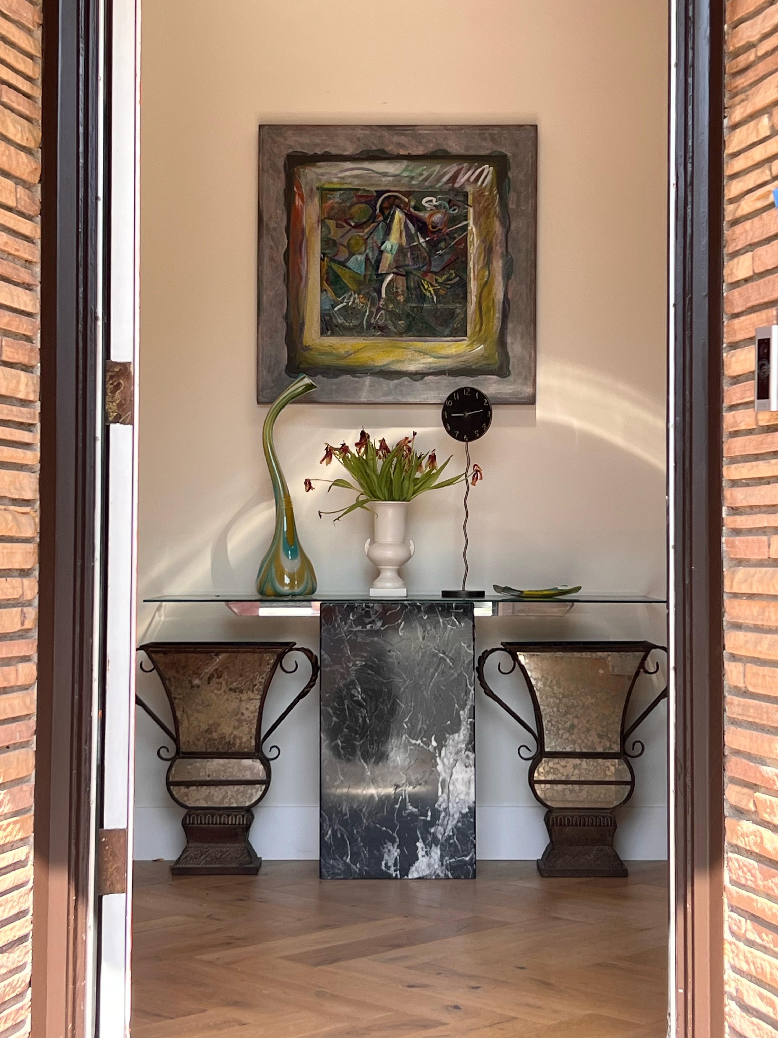 A vintage Italian black marble console table with chrome and glass, late 20th c. For Sale 5