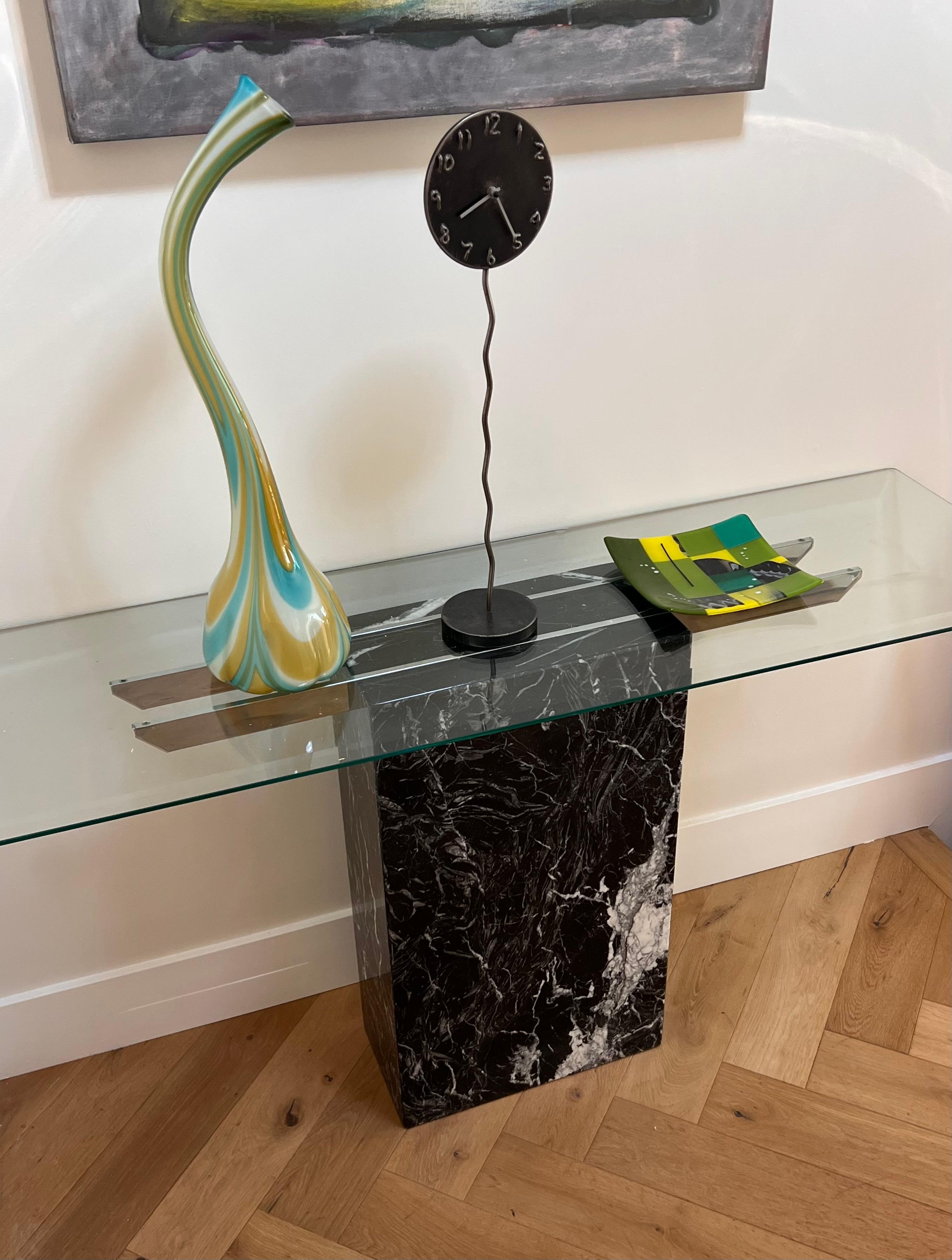 Hand-Crafted A vintage Italian black marble console table with chrome and glass, late 20th c. For Sale