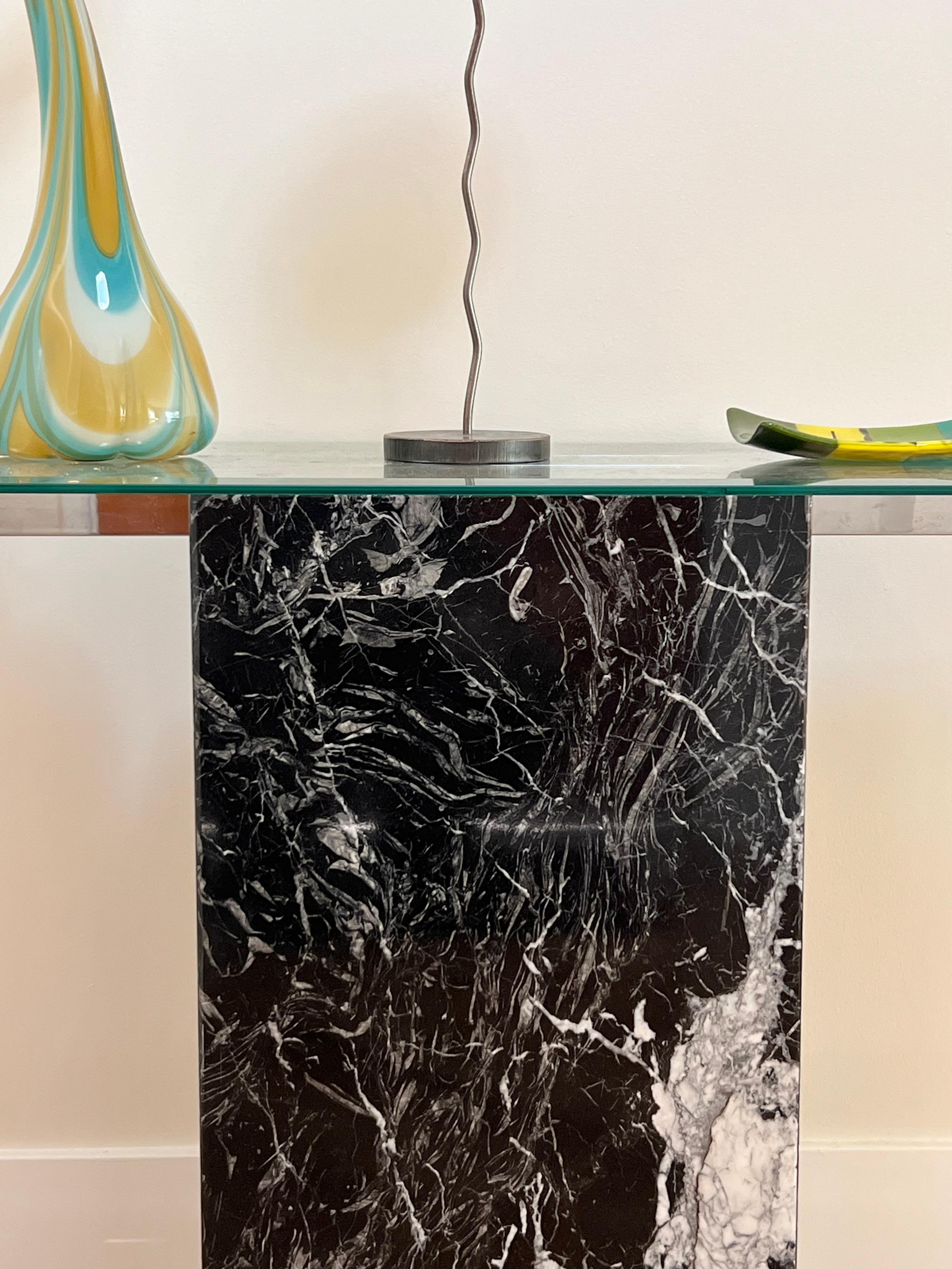 A vintage Italian black marble console table with chrome and glass, late 20th c. In Good Condition For Sale In View Park, CA