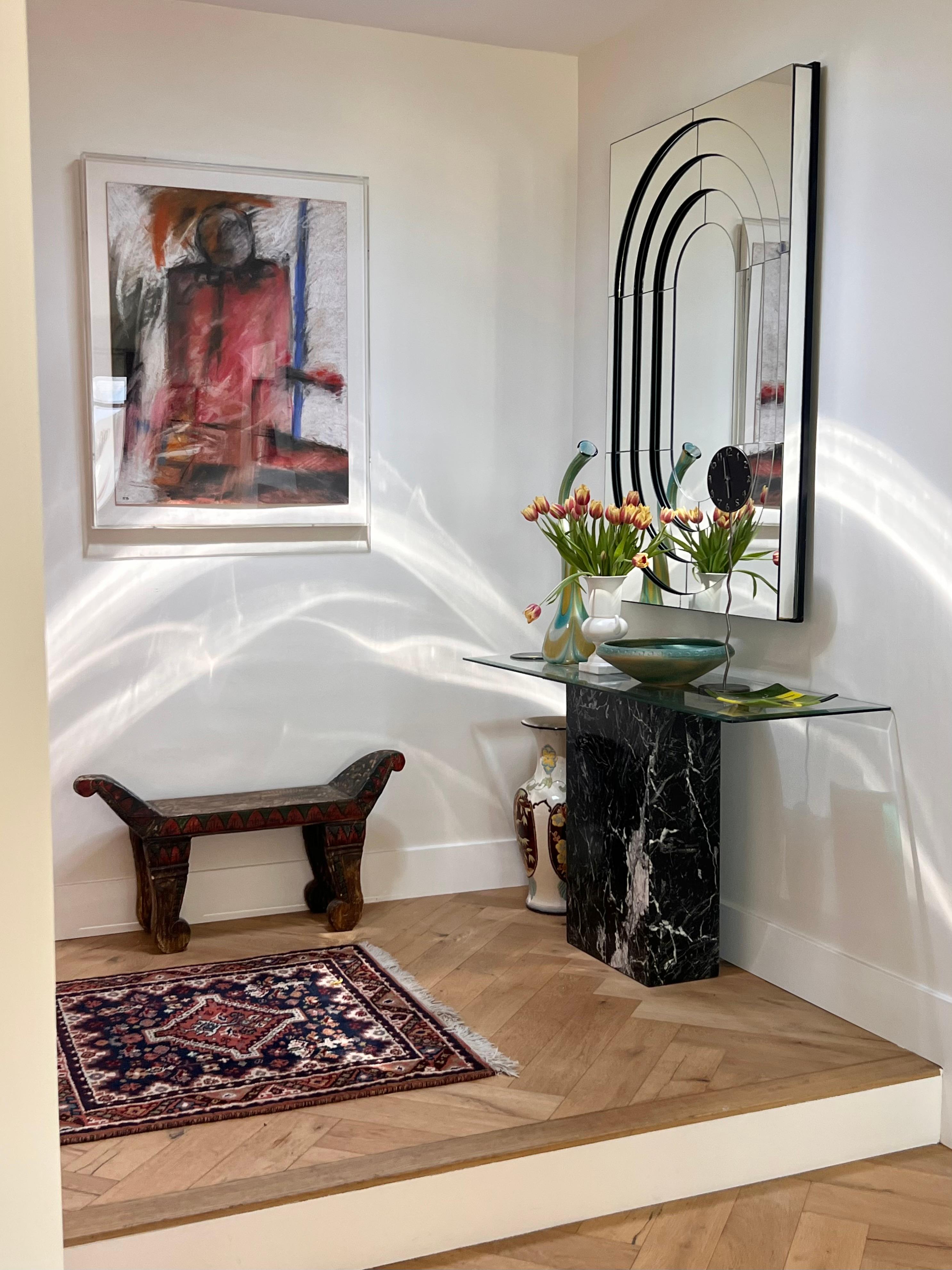 Glass A vintage Italian black marble console table with chrome and glass, late 20th c. For Sale