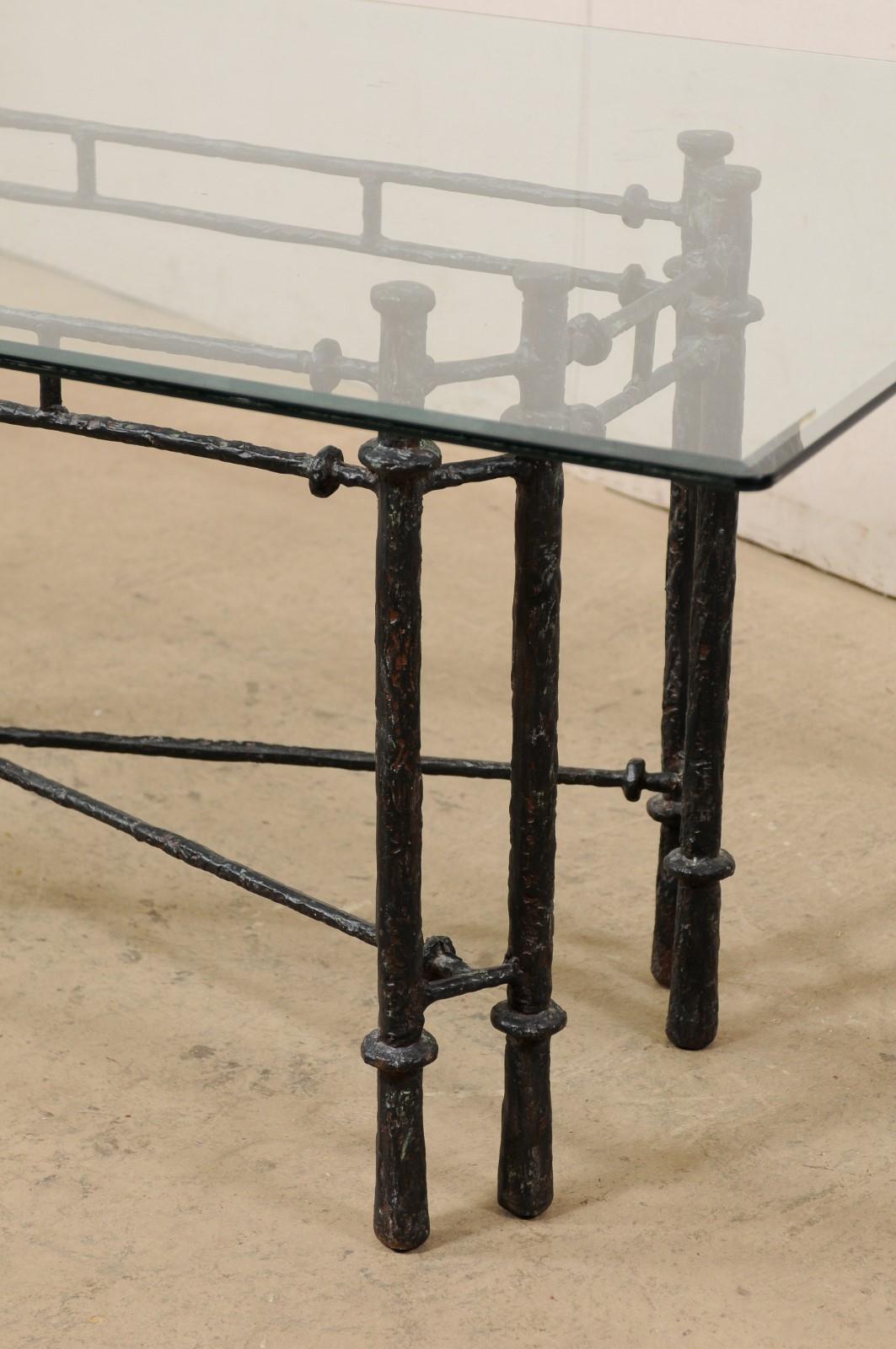 Aluminum Vintage Italian Table with Giacometti Style Base and Glass Top