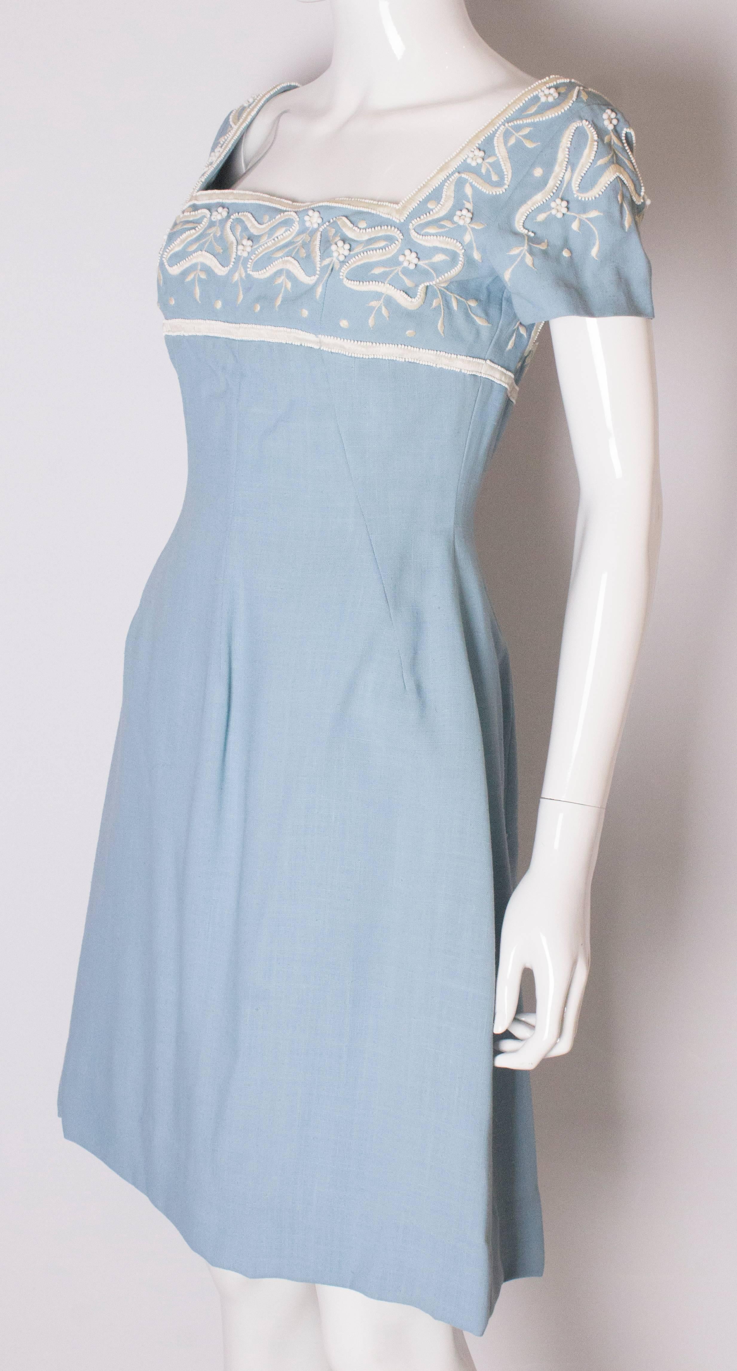 A Vintage Jean Allen 1960s Pale Blue Cotton and Beaded Day Dress In Good Condition In London, GB