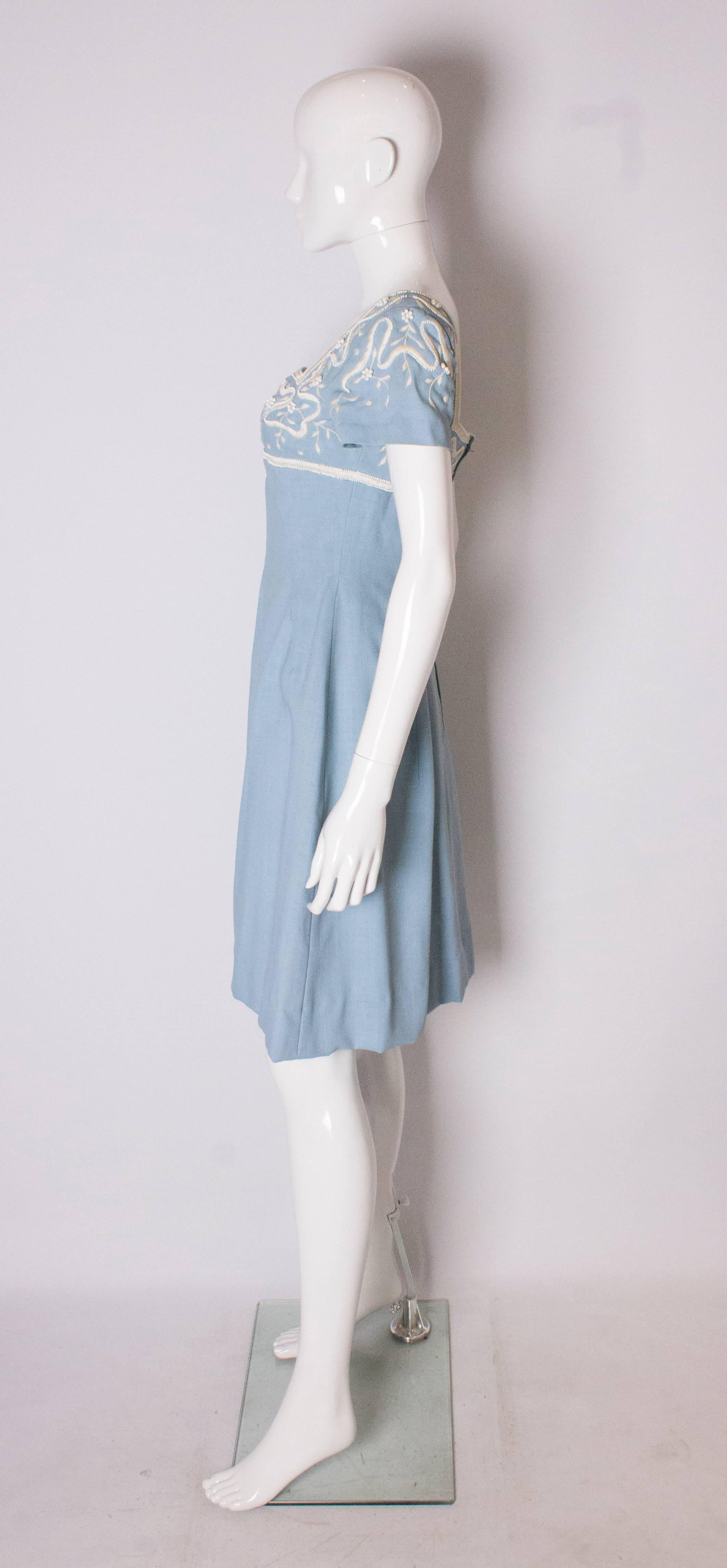 Women's A Vintage Jean Allen 1960s Pale Blue Cotton and Beaded Day Dress