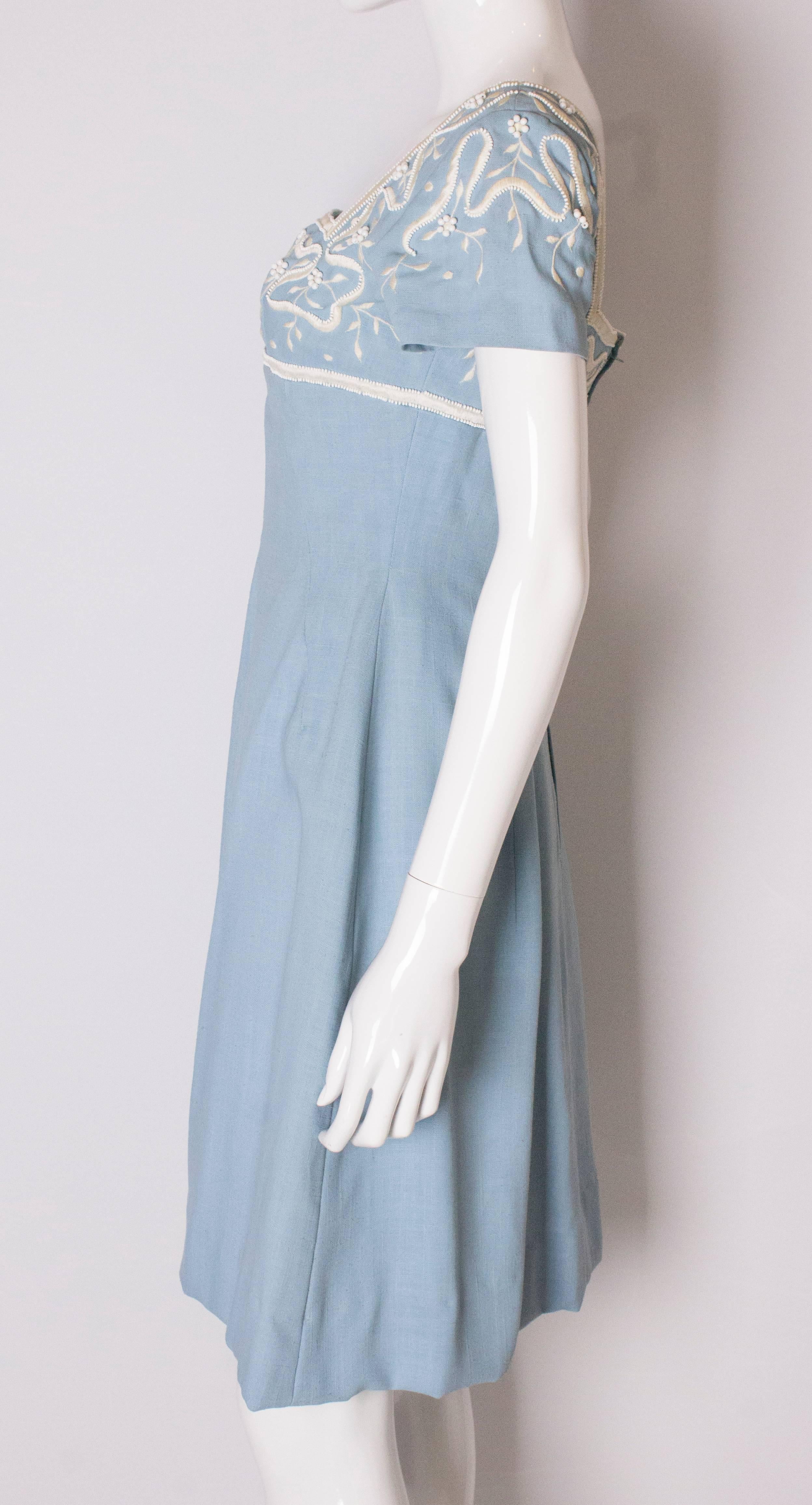 A Vintage Jean Allen 1960s Pale Blue Cotton and Beaded Day Dress 1