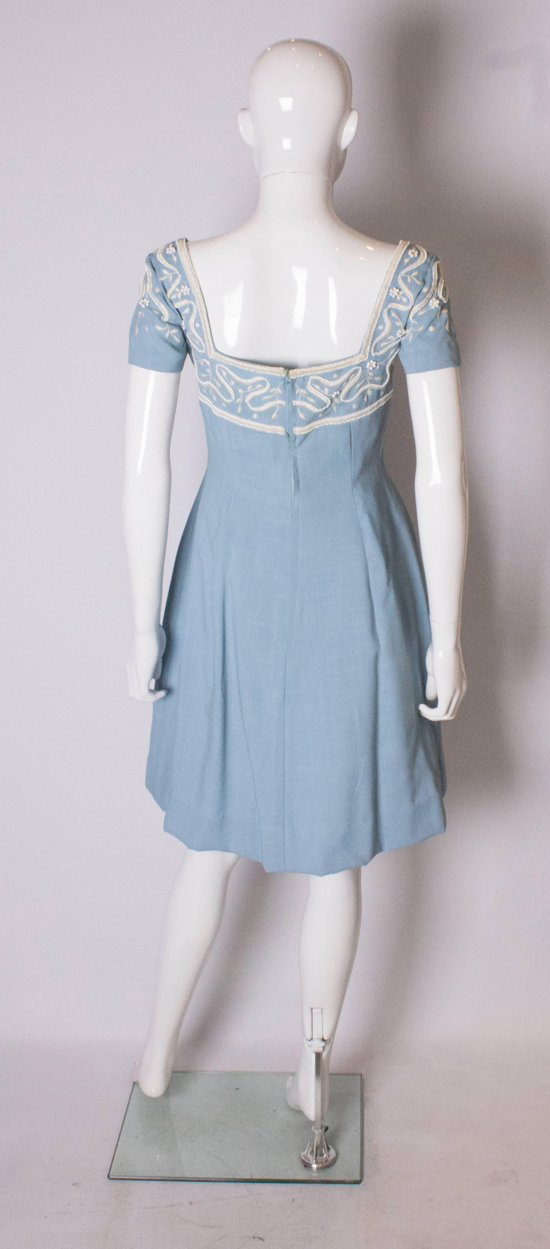A Vintage Jean Allen 1960s Pale Blue Cotton and Beaded Day Dress 2