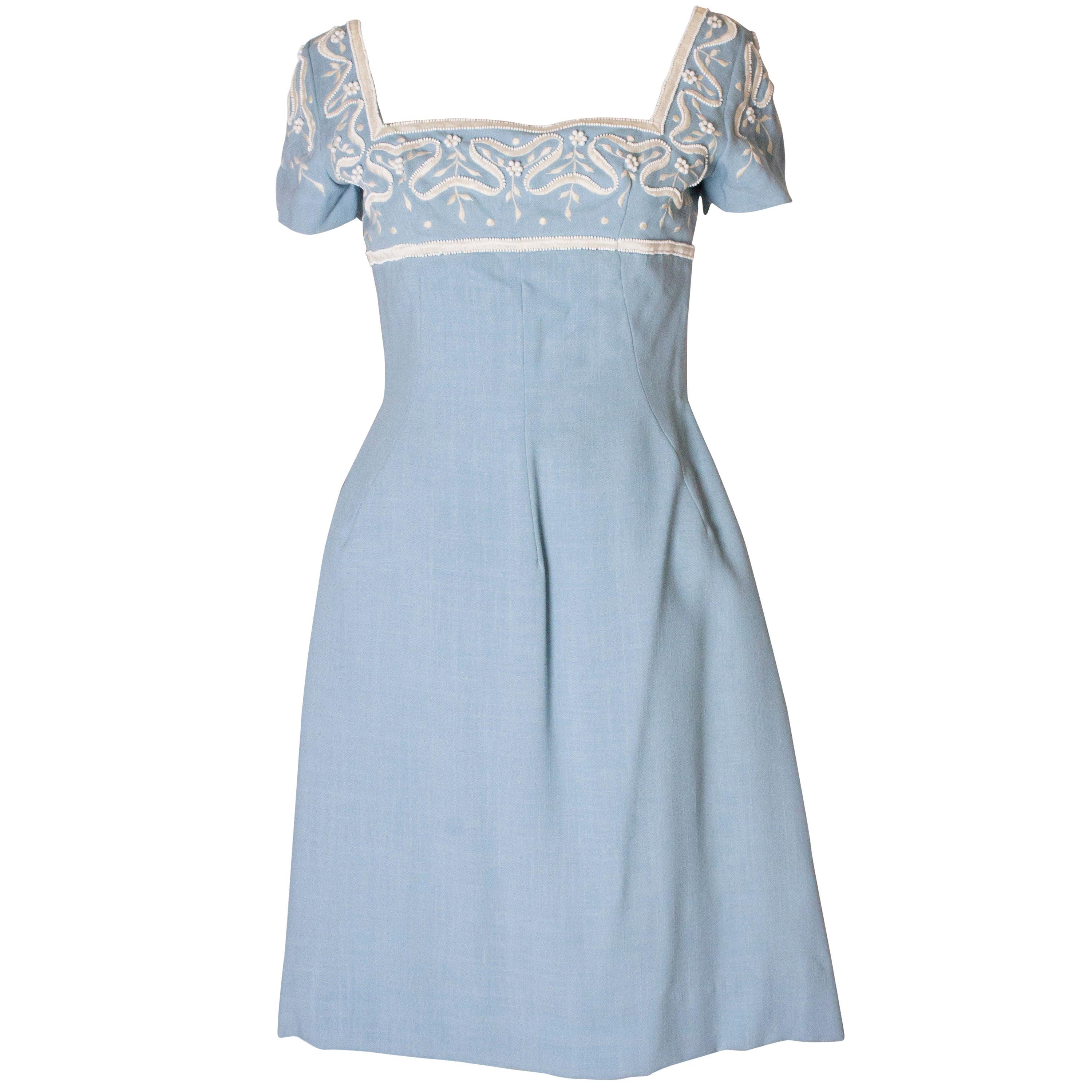 A Vintage Jean Allen 1960s Pale Blue Cotton and Beaded Day Dress