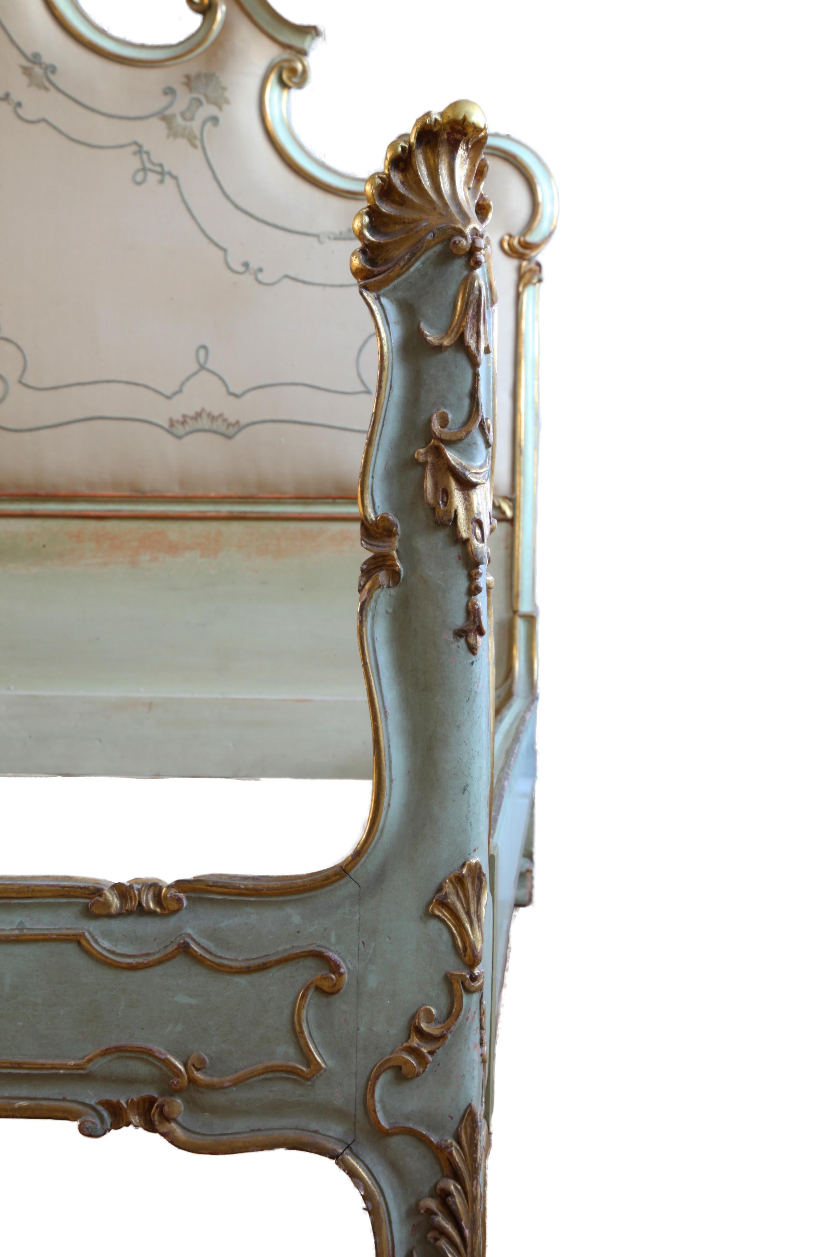 Italian  Louis XV Style Bed Finished in Venetian Green and Gold