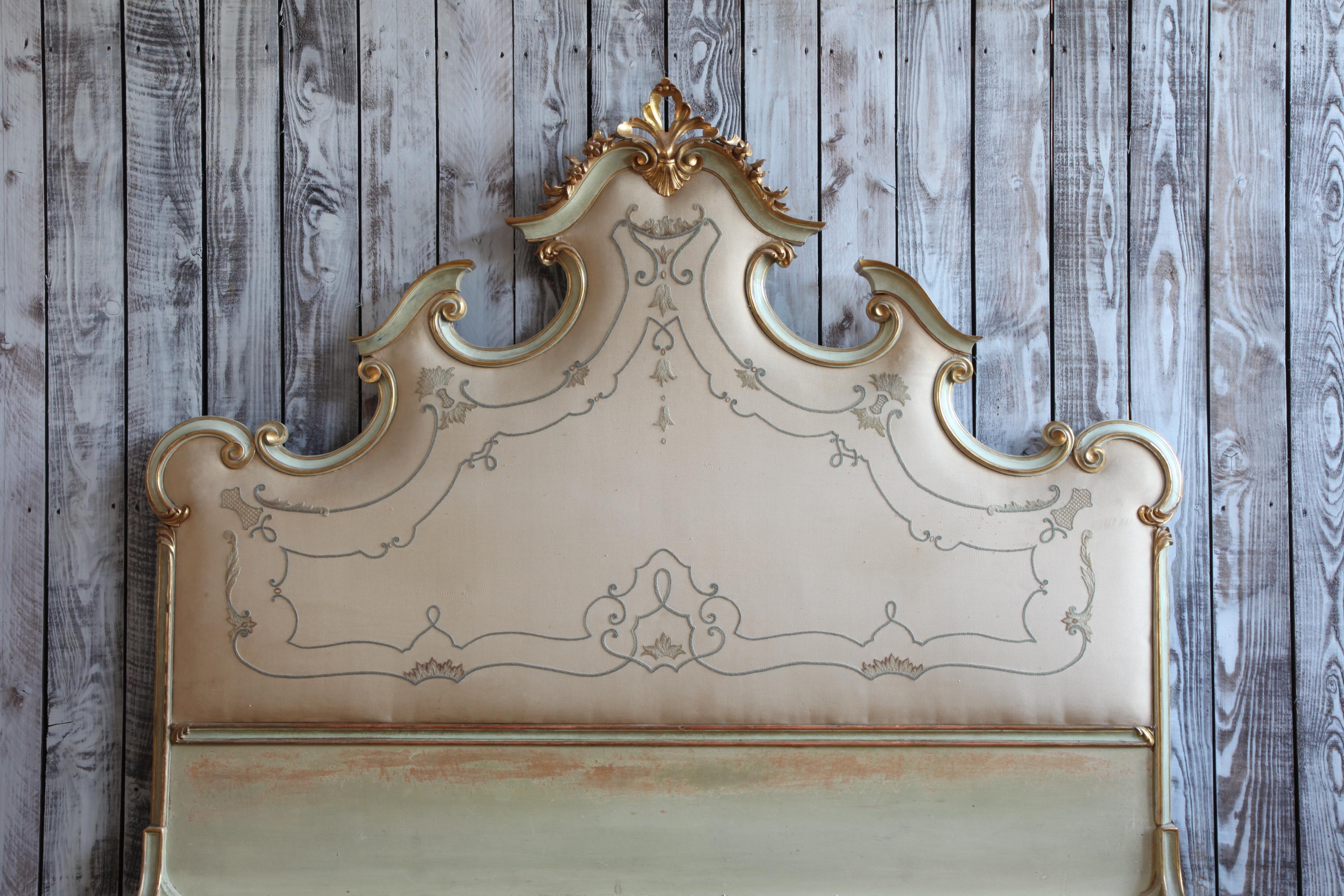 Hand-Carved  Louis XV Style Bed Finished in Venetian Green and Gold