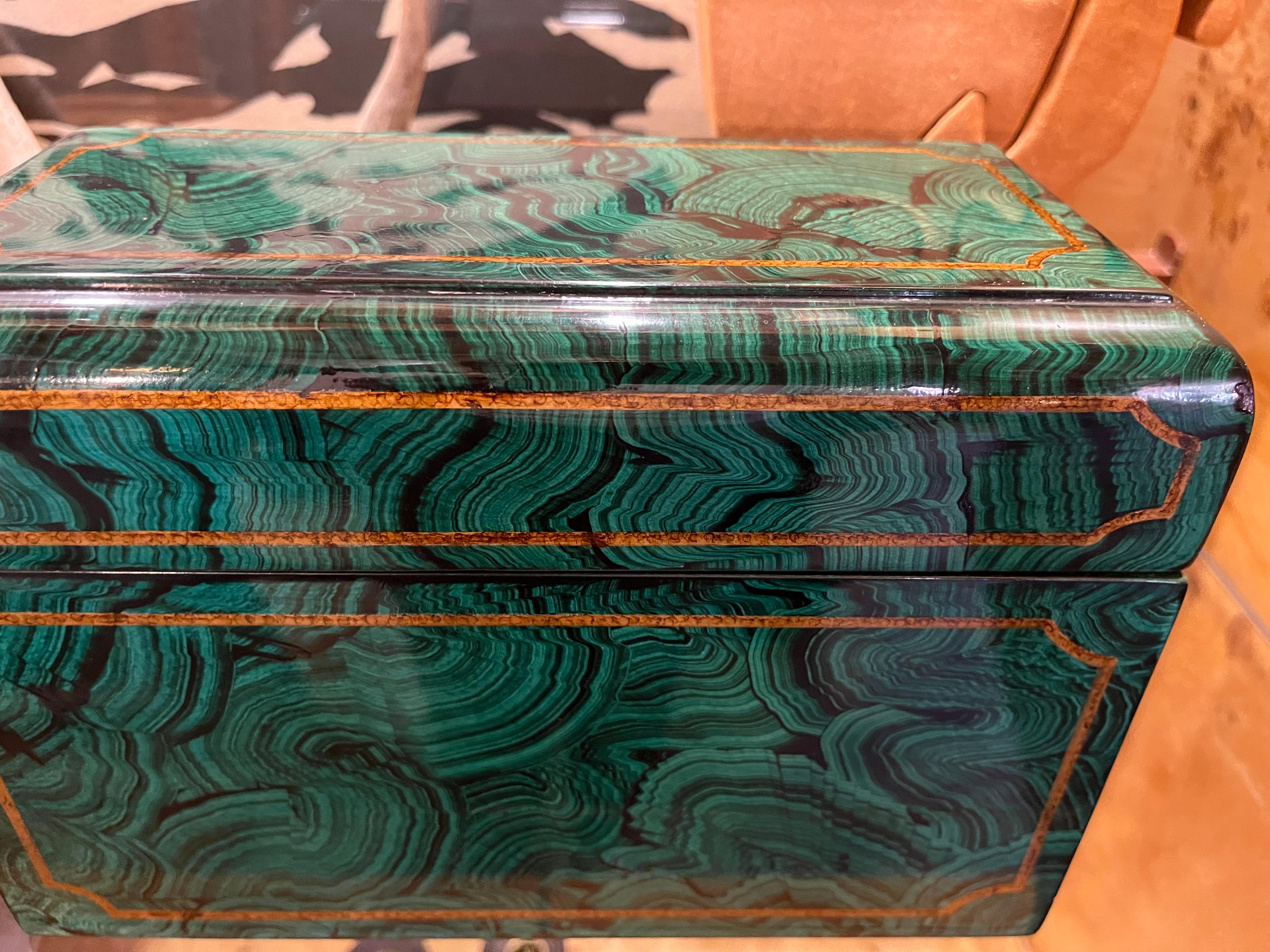 Hollywood Regency Vintage Maitland Smith Faux Malachite Lidded Box For Sale