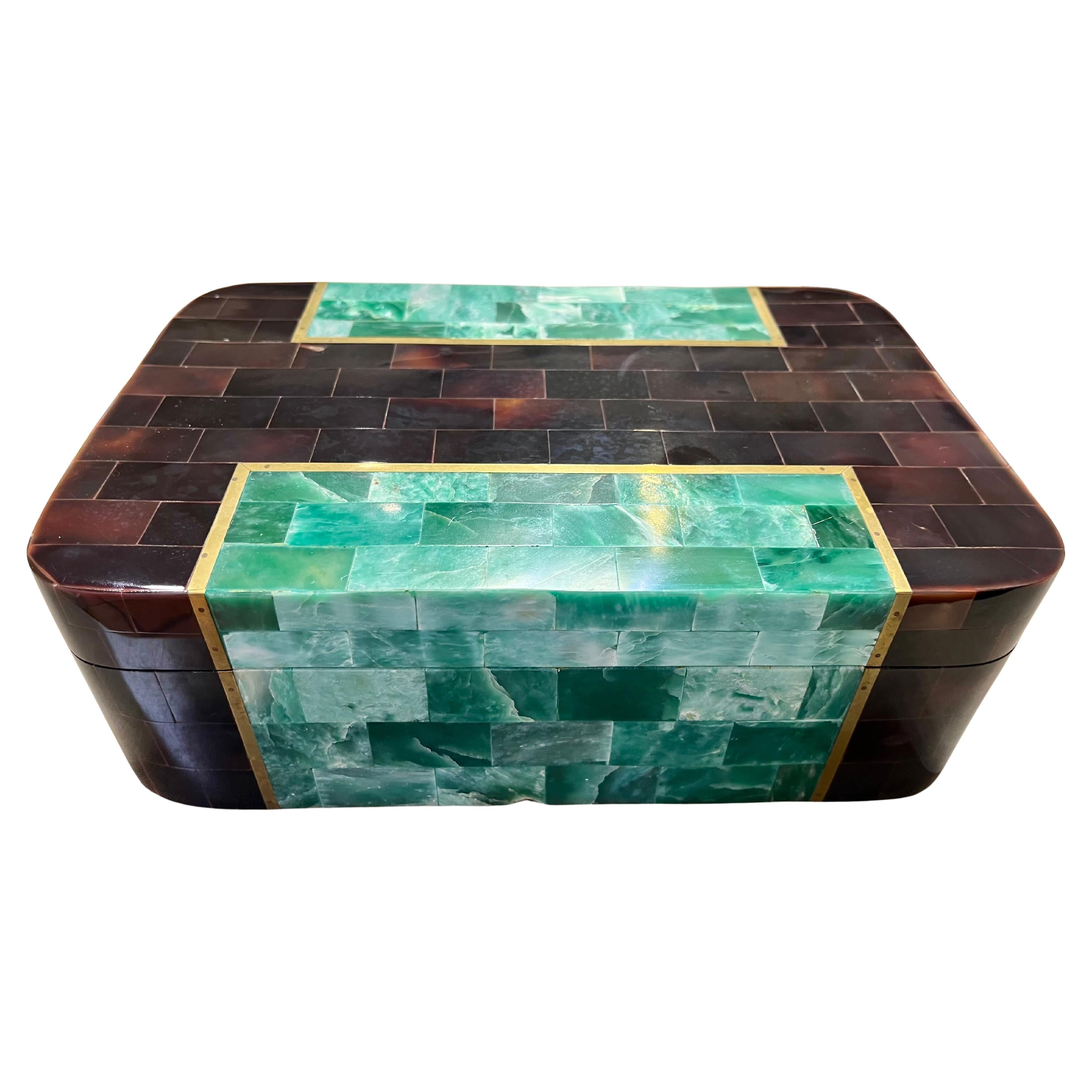 A vintage Maitland Smith tessellated horn and stone box with brass trim.