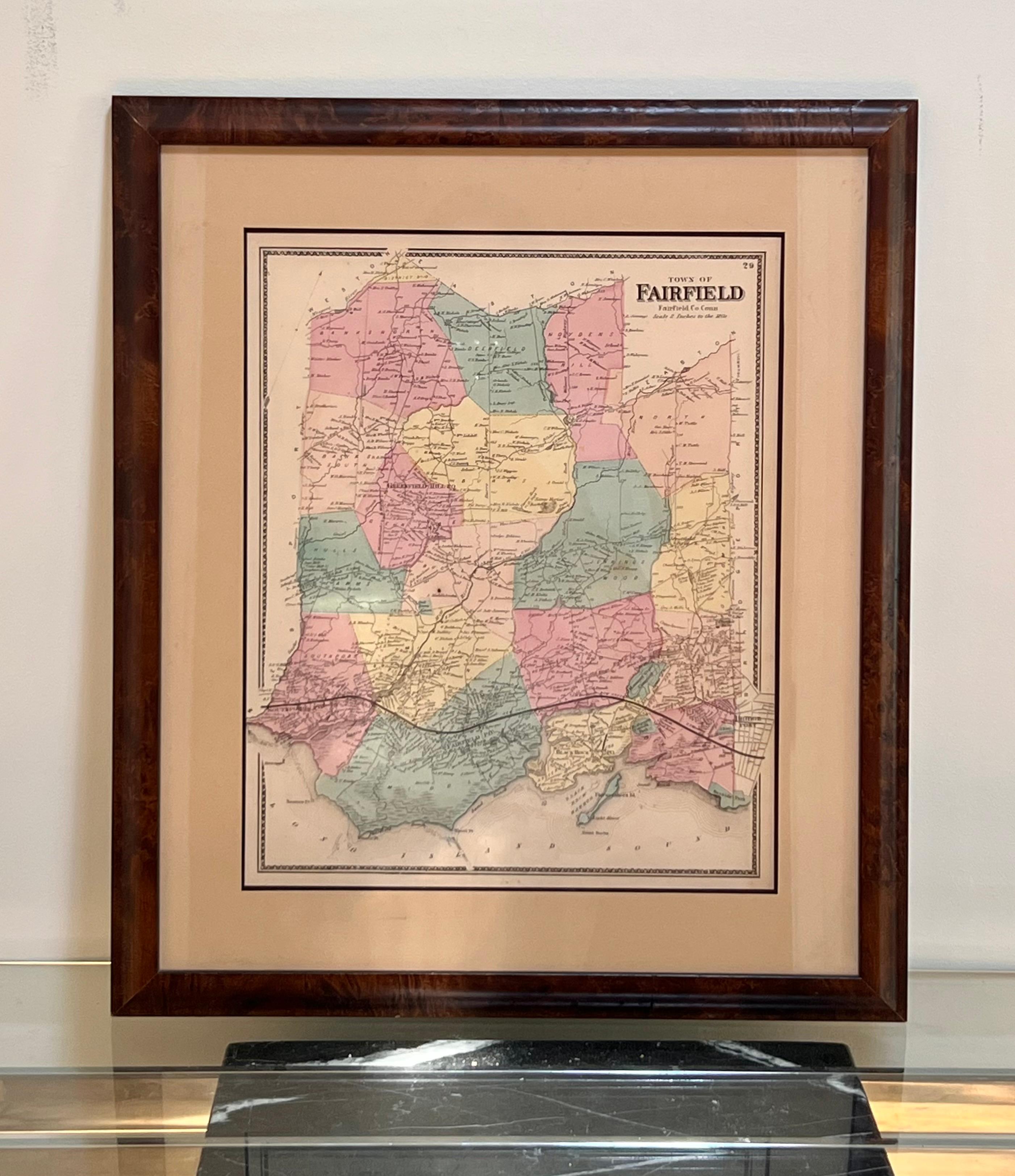 Vintage-Karte von Fairfield Connecticut, gerahmt in Wurzelholz, Anfang 20. (amerikanisch) im Angebot