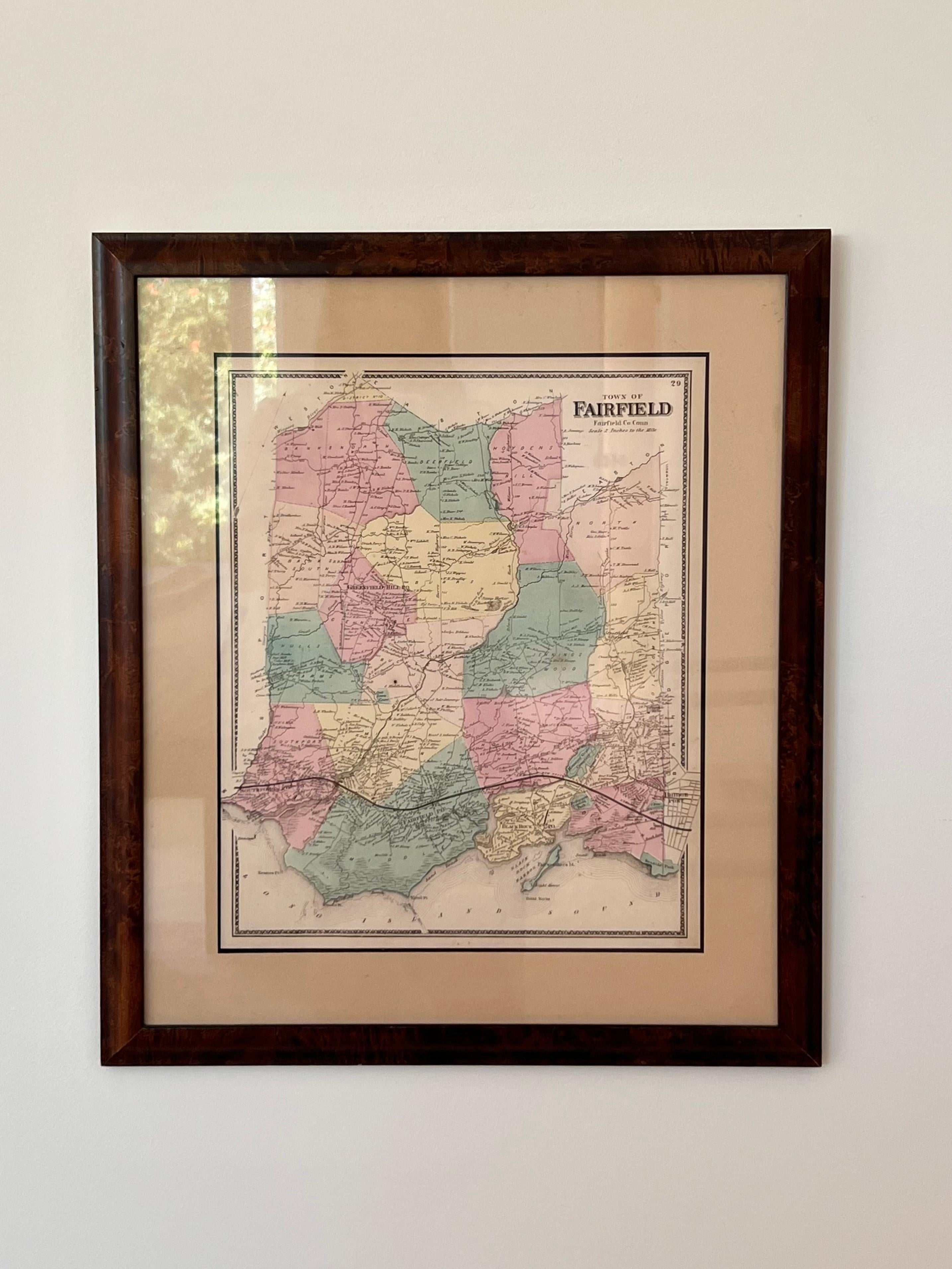 Vintage-Karte von Fairfield Connecticut, gerahmt in Wurzelholz, Anfang 20. (Glas) im Angebot