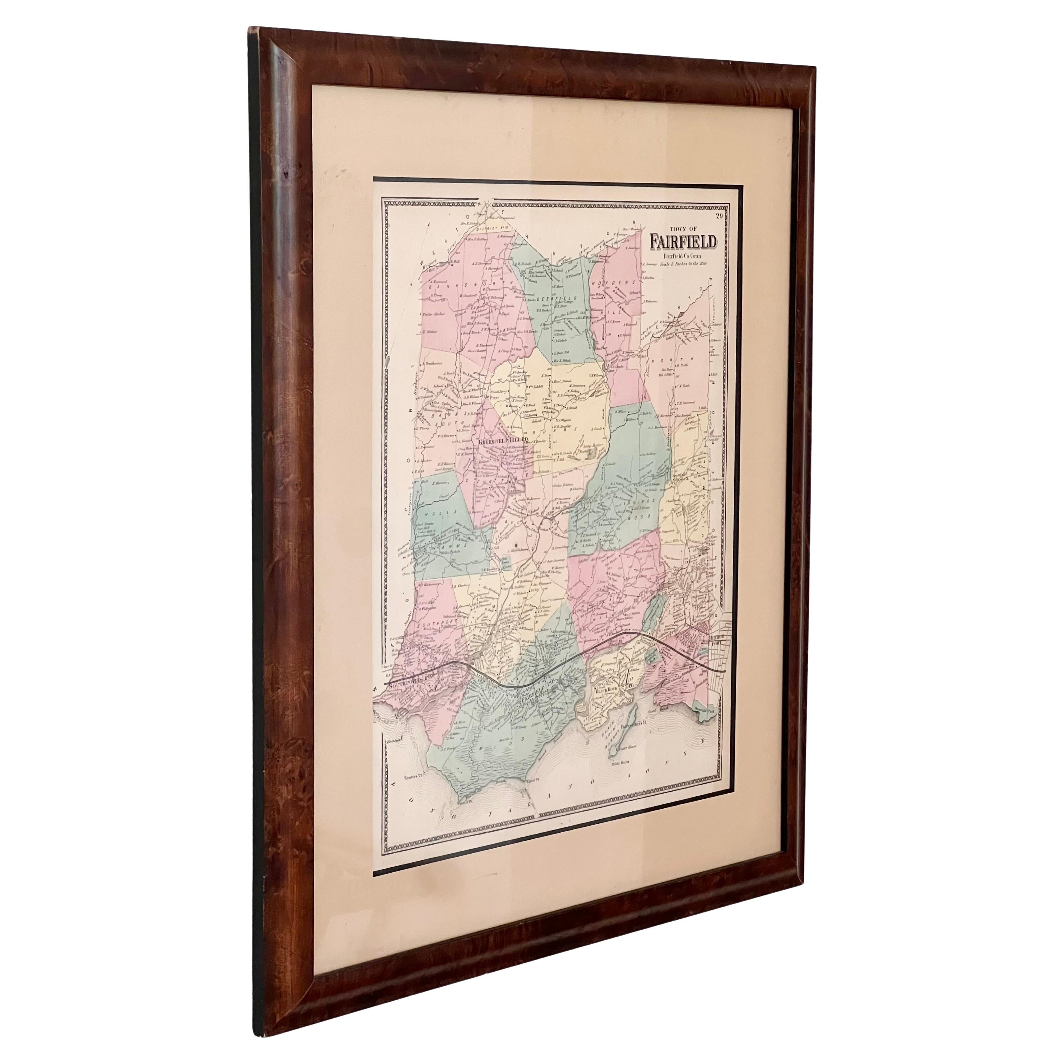 Vintage-Karte von Fairfield Connecticut, gerahmt in Wurzelholz, Anfang 20. im Angebot