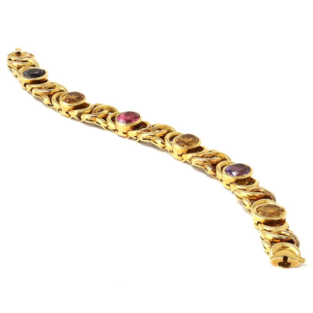 Modern Vintage Multi-Color Gemstone Link Bracelet in 18 Karat, circa 1980