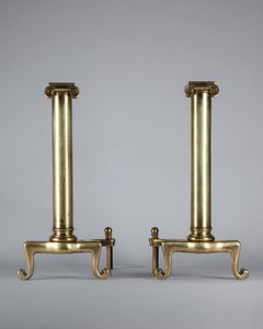 Vintage Neoclassical Brass Ionic Column Andirons with Scroll Feet, circa 1900s