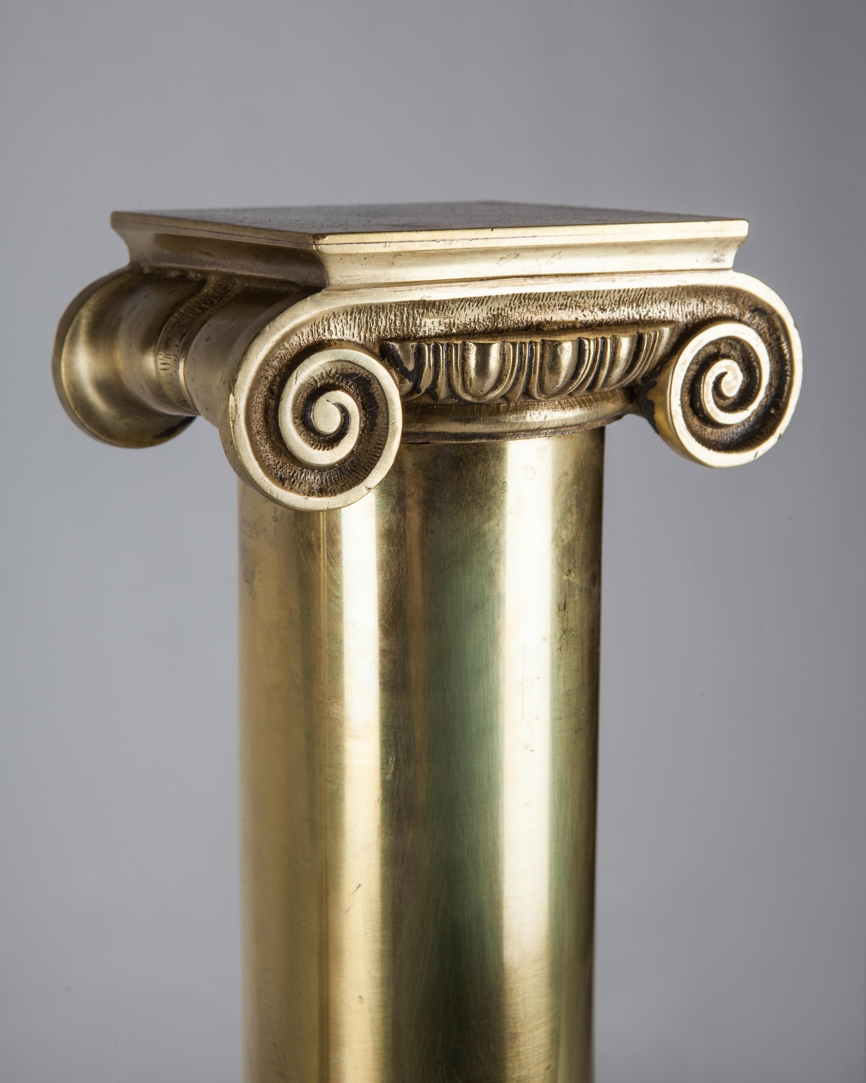 Vintage Neoclassical Brass Ionic Column Andirons with Scroll Feet, circa 1900s In Good Condition For Sale In New York, NY