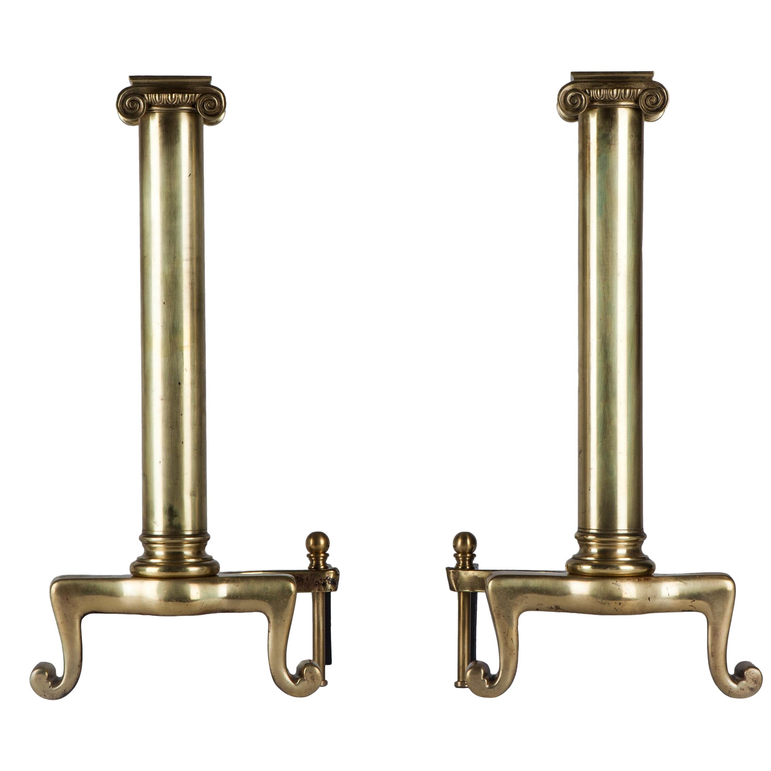 Vintage Neoclassical Brass Ionic Column Andirons with Scroll Feet, circa 1900s For Sale