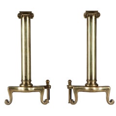 Antique Neoclassical Brass Ionic Column Andirons with Scroll Feet, circa 1900s