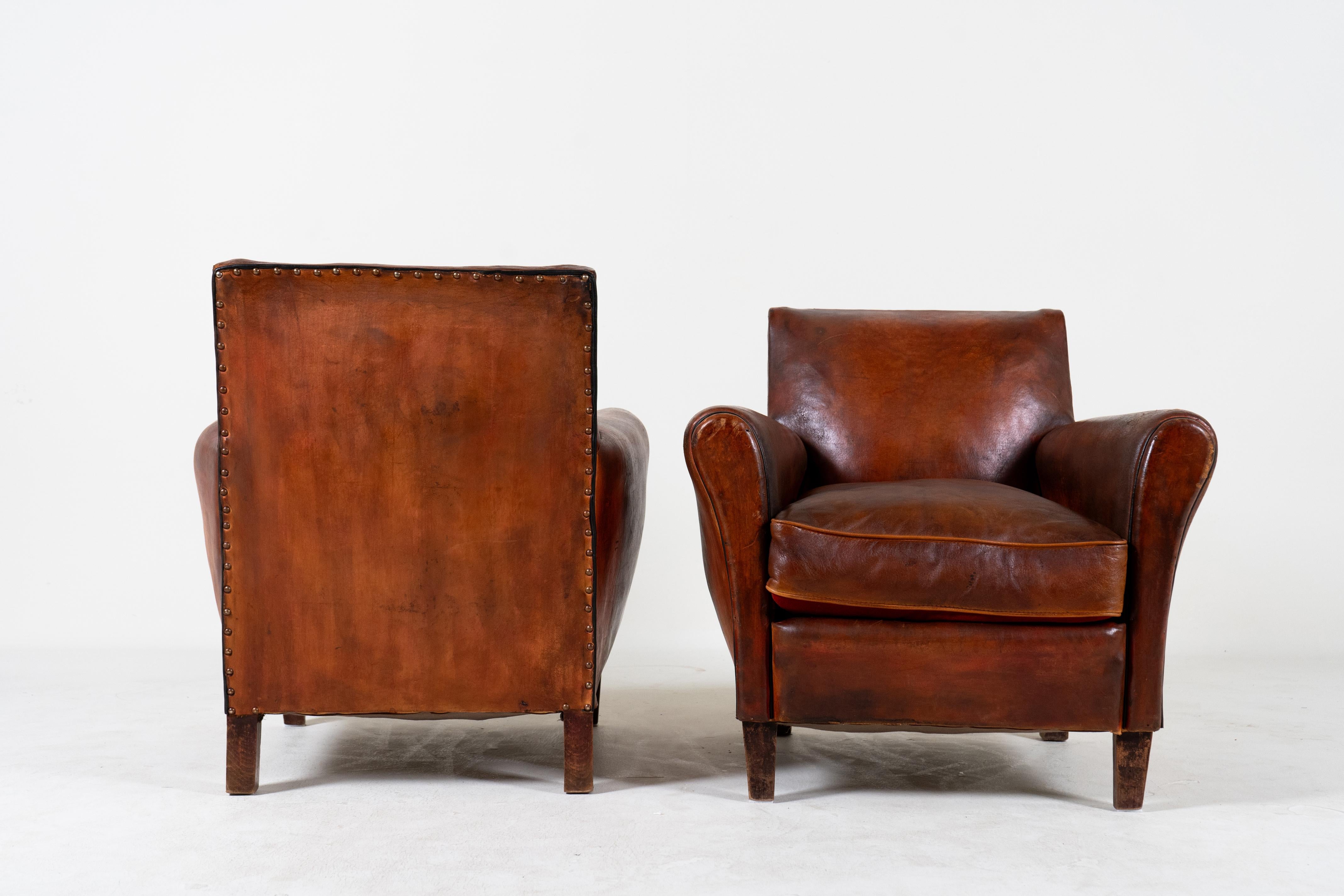 Art Deco A Vintage Pair of Leather Club Chairs, France 1940 For Sale