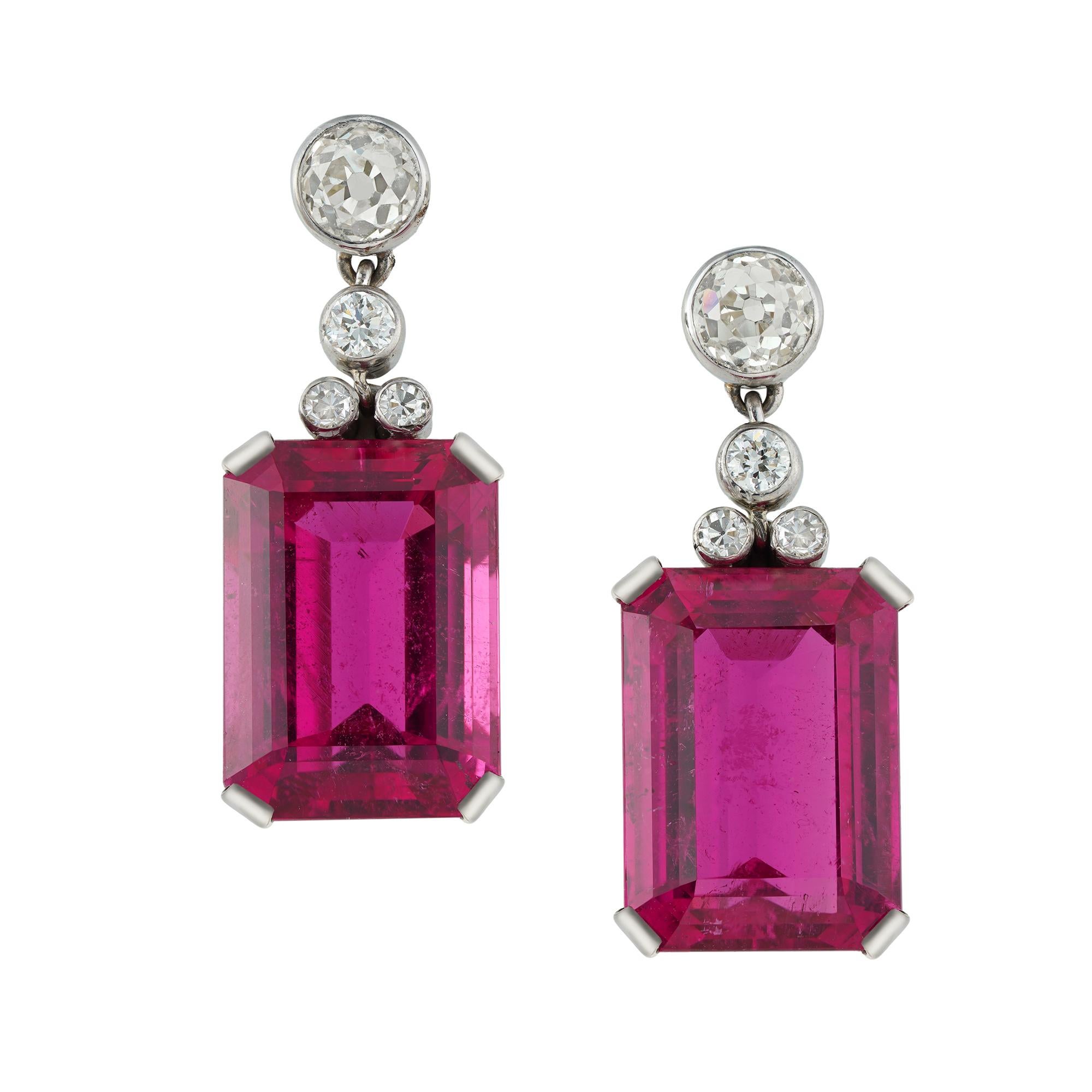 Octagon Cut A vintage pair of rubellite and diamond drop earrings For Sale