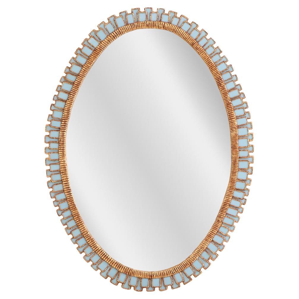 Specchio da parete ovale in vetro blu a pannelli d'epoca.