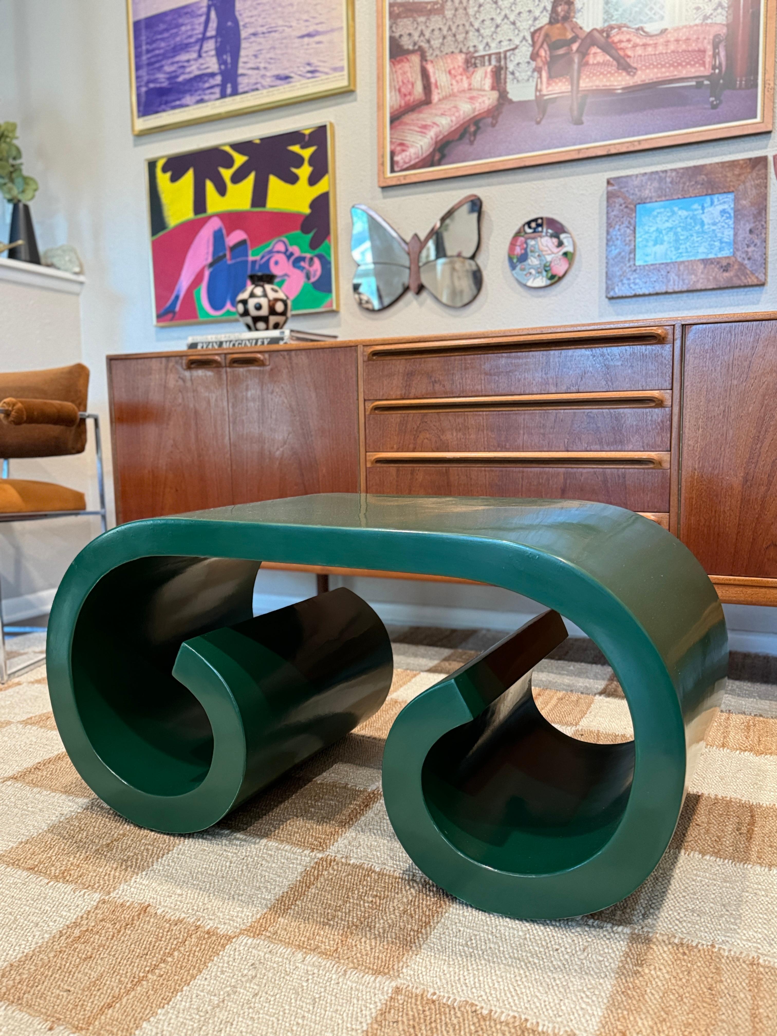 A vintage petite post modern scroll coffee table in the style of Karl Springer 1