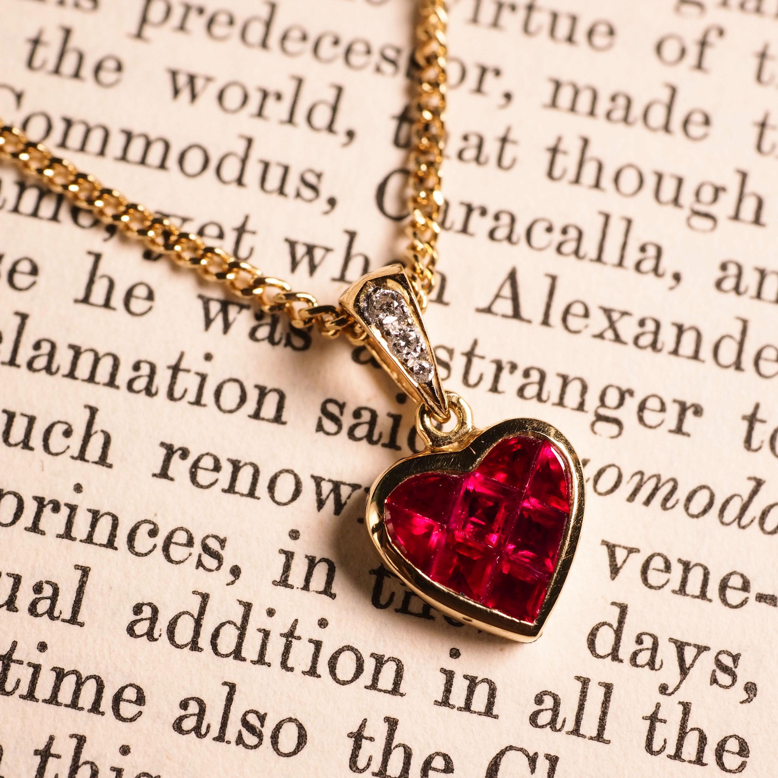 Vintage Ruby & Diamond 18K Gold Heart Shaped Necklace 7