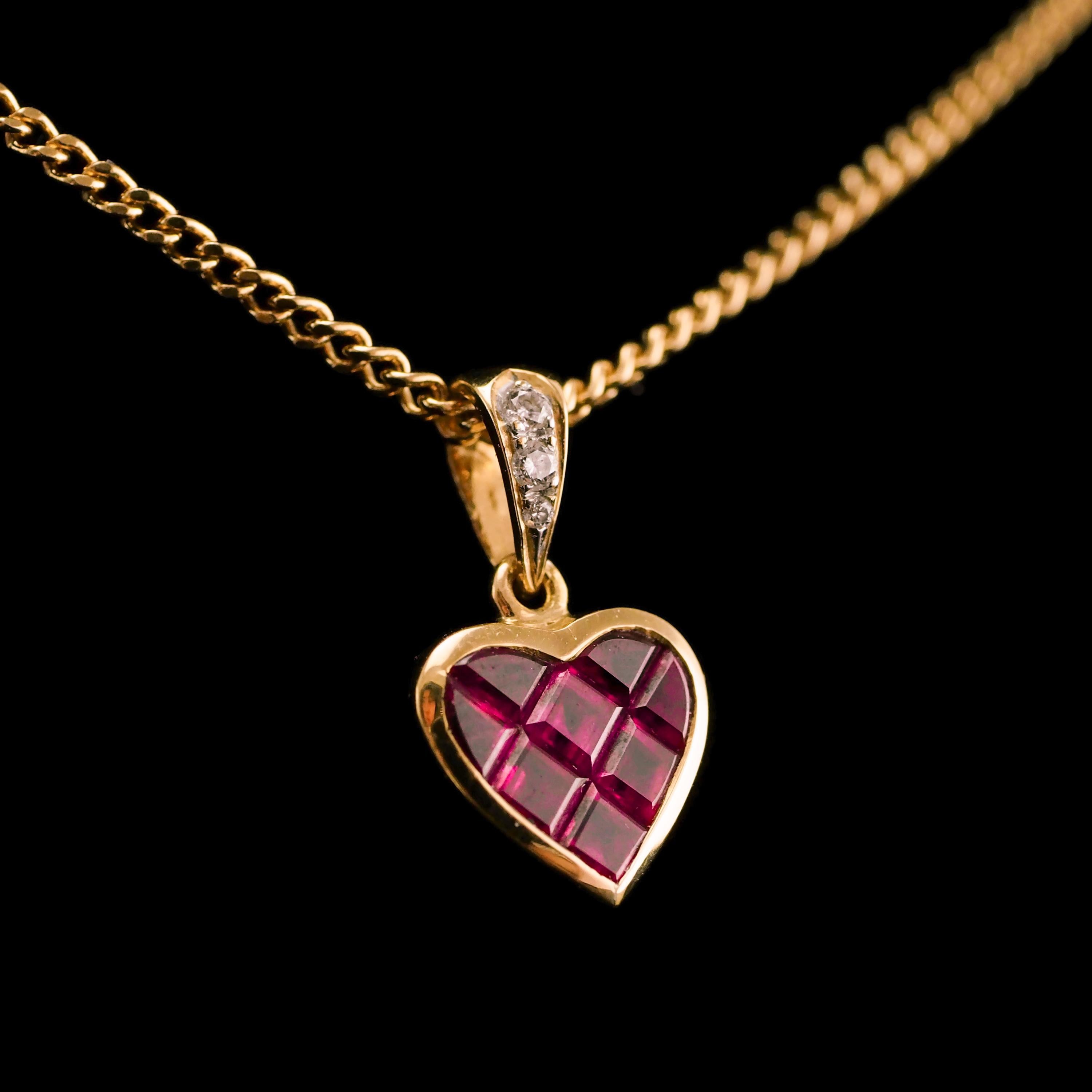 Baguette Cut Vintage Ruby & Diamond 18K Gold Heart Shaped Necklace