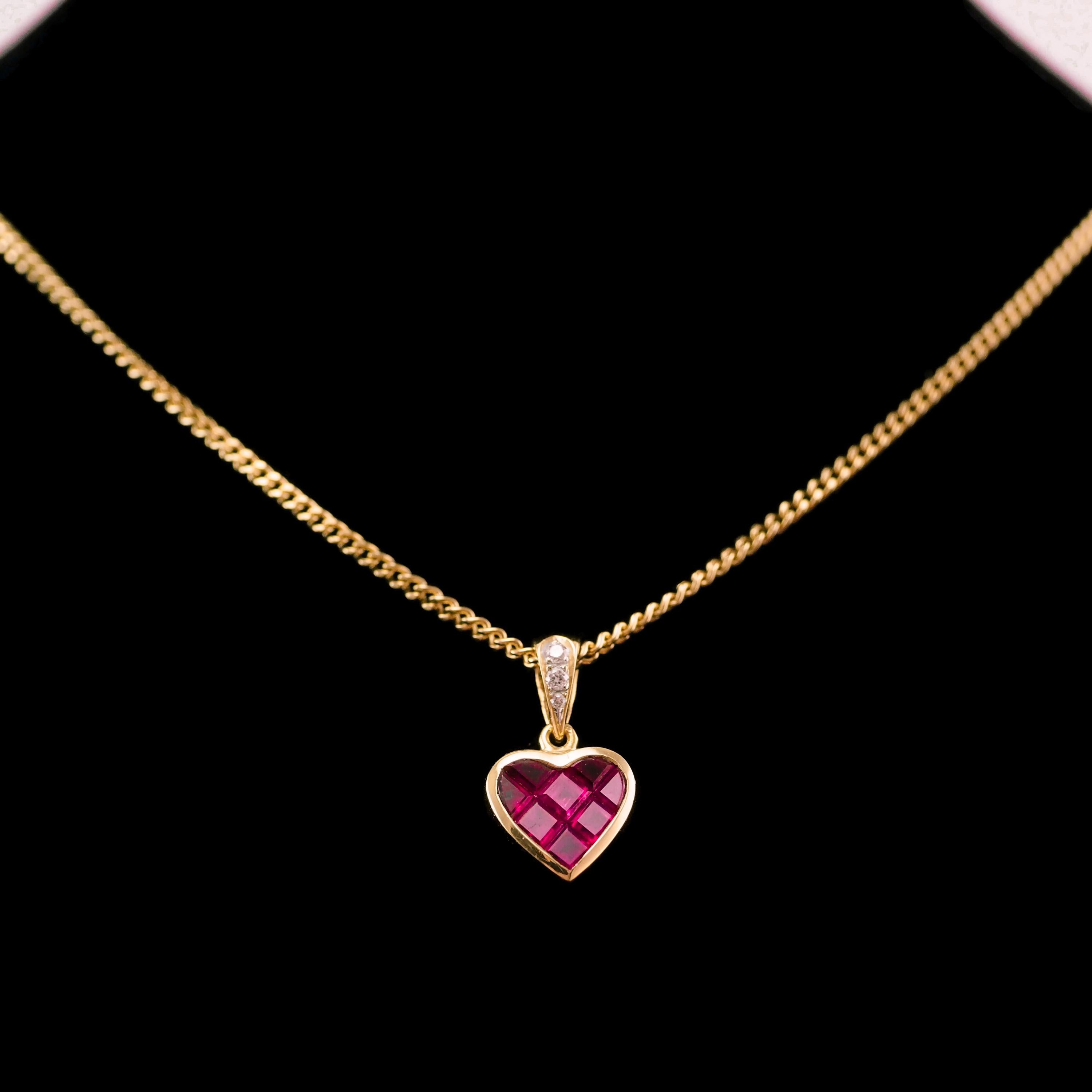 Vintage Ruby & Diamond 18K Gold Heart Shaped Necklace 1