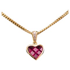 Vintage Ruby & Diamond 18K Gold Heart Shaped Necklace